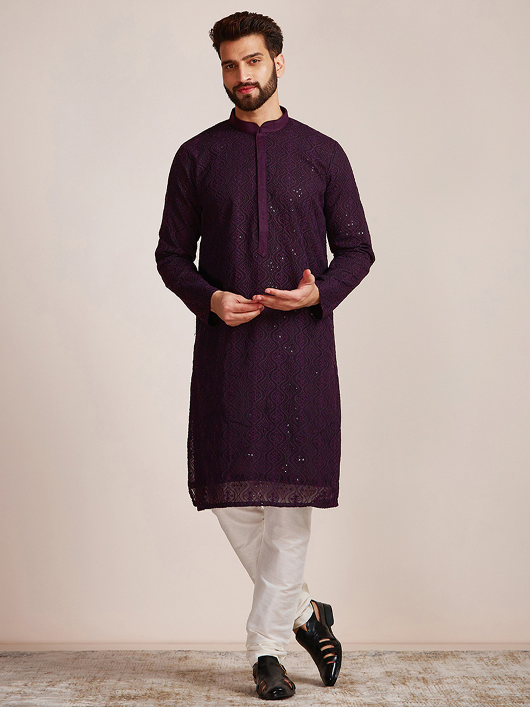 

Manyavar Men Ethnic Motifs Embroidered Sequinned Kurta With Churidar, Purple