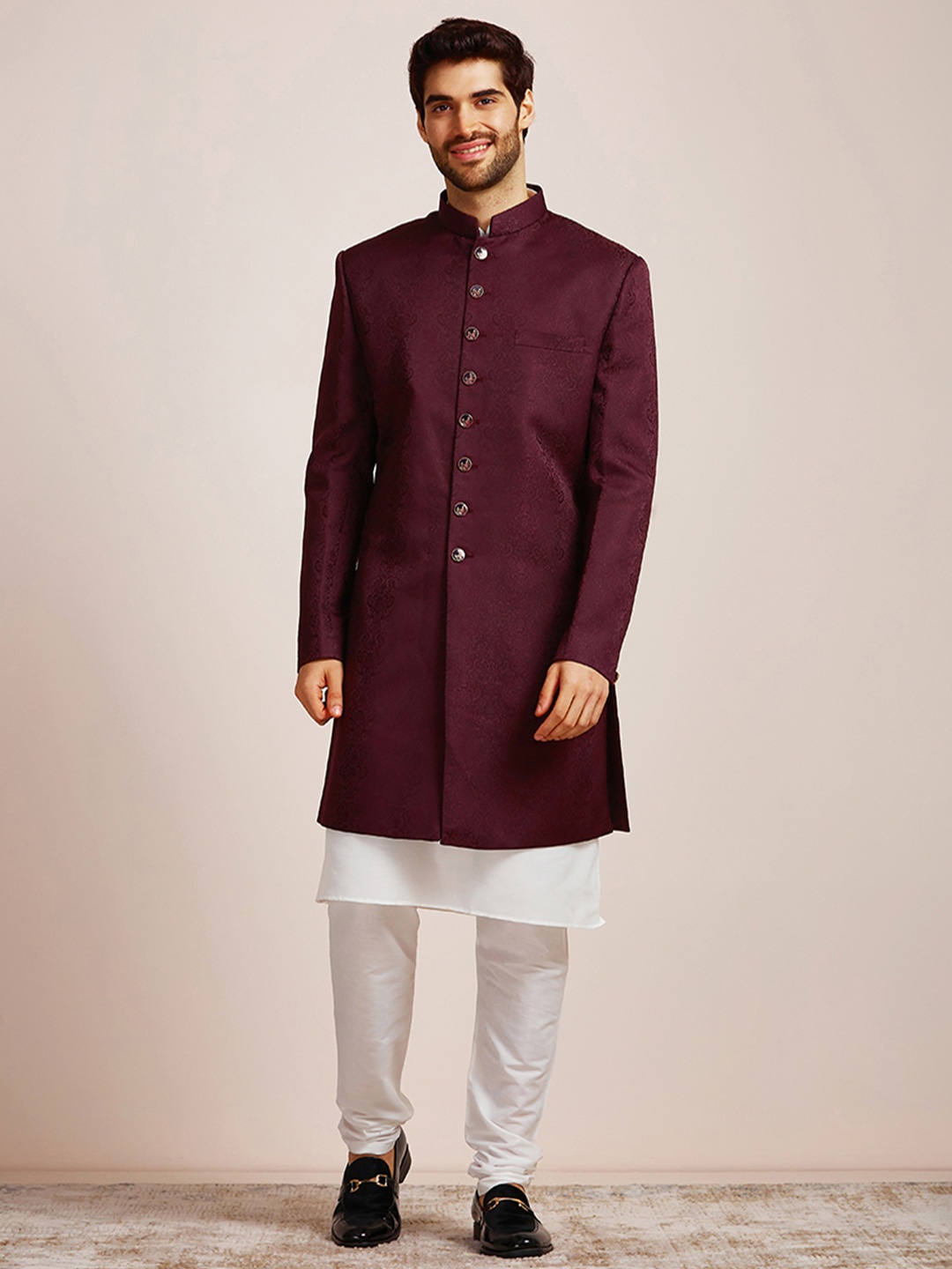 

Manyavar Men 3 Piece Self-Design Brocade Sherwani Set, Purple