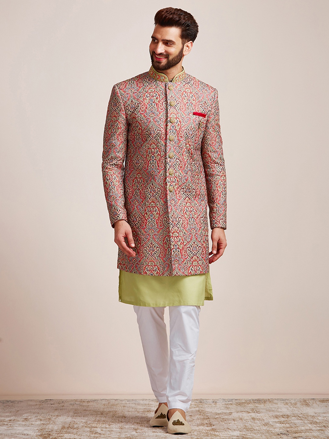 

Manyavar Men 3 Piece Woven Design Sherwani, Green