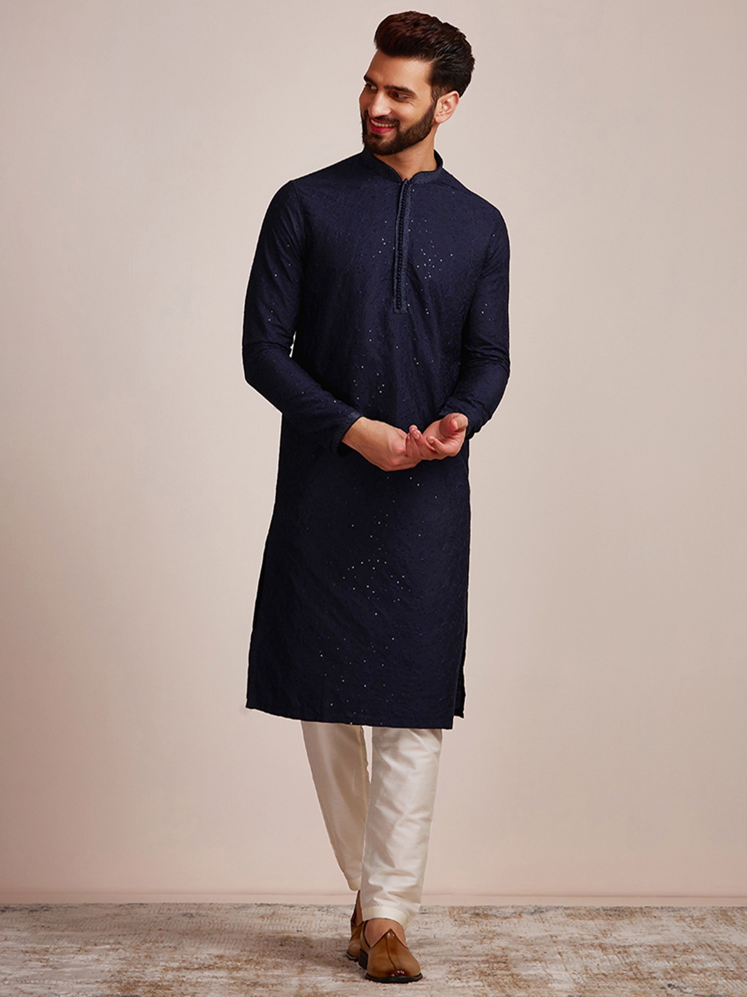 

Manyavar Men Embroidered Sequinned Kurta with Churidar, Blue