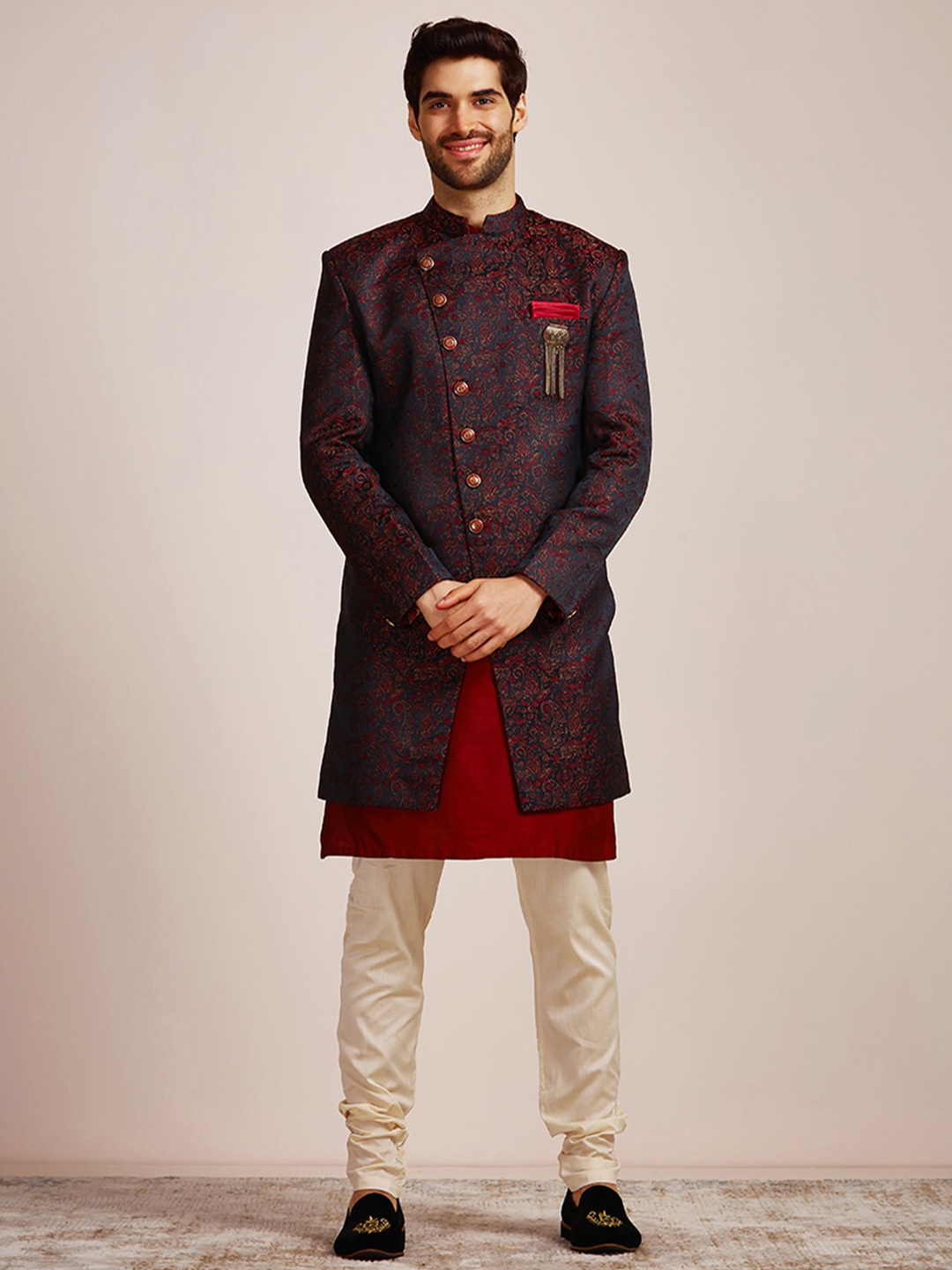 Manyavar Men 3 Piece Woven Design Brocade Sherwani Set, Black