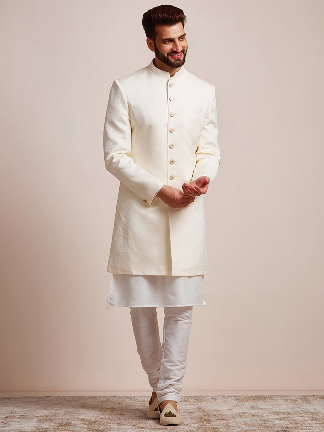 

Manyavar Men 3 Piece Brocade Full Sleeve Sherwani Set, Cream