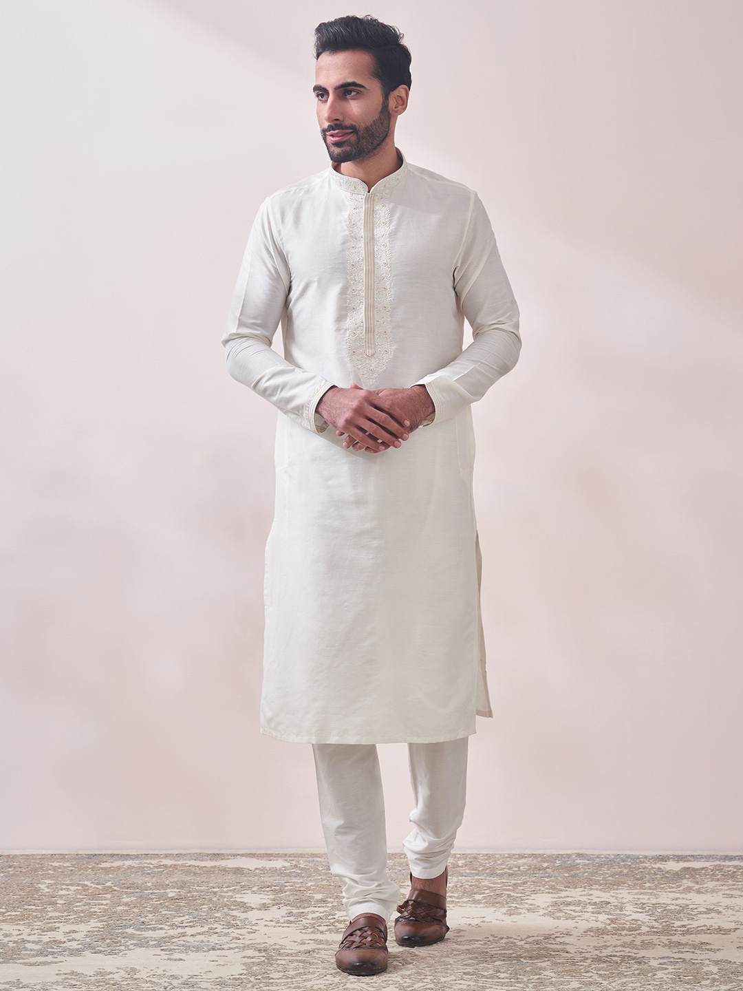 

Manyavar Men Floral Yoke Design Kurta with Churidar, White
