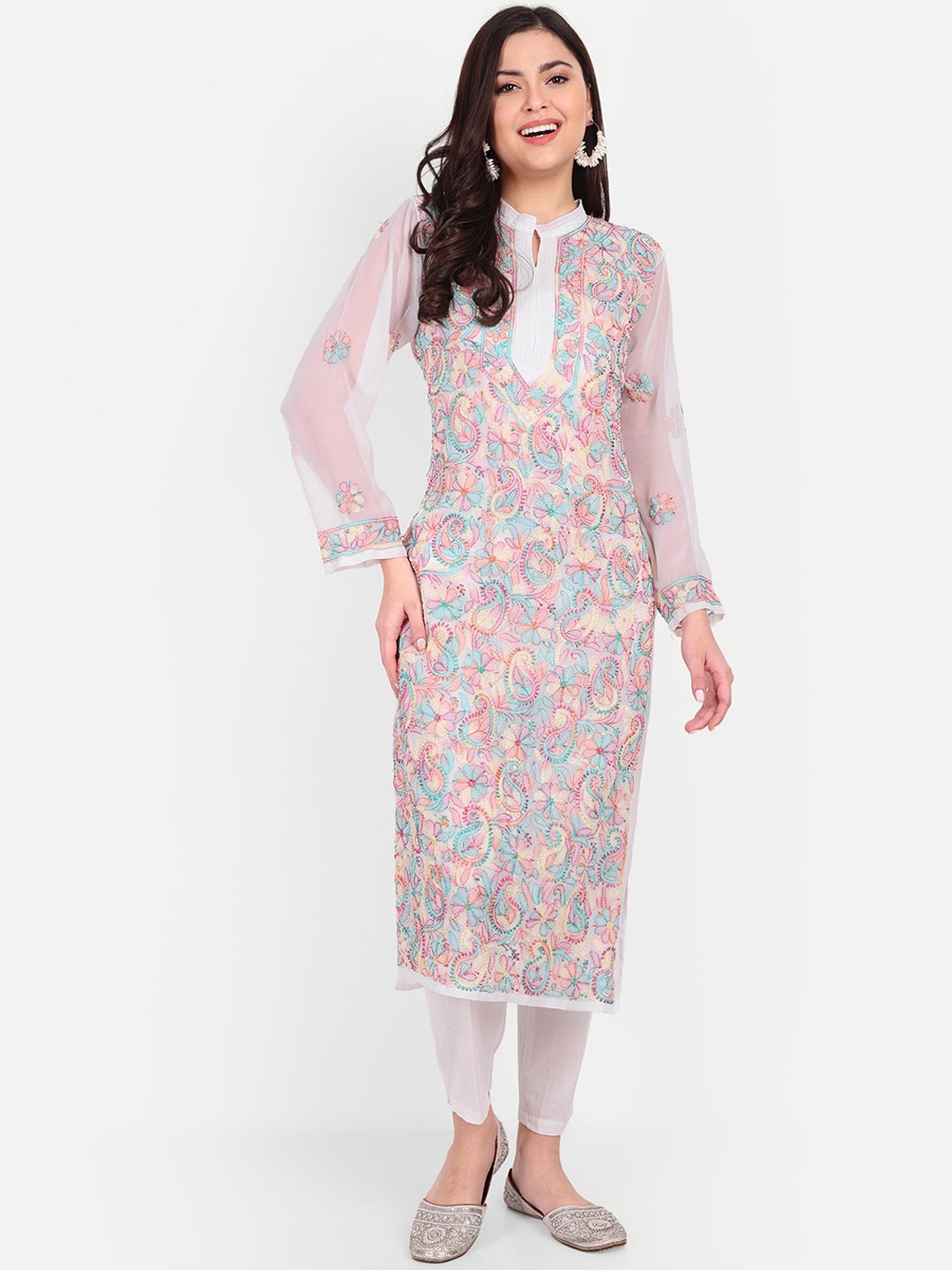 

Indiankala4u Women Paisley Embroidered Chikankari Georgette Kurta, White