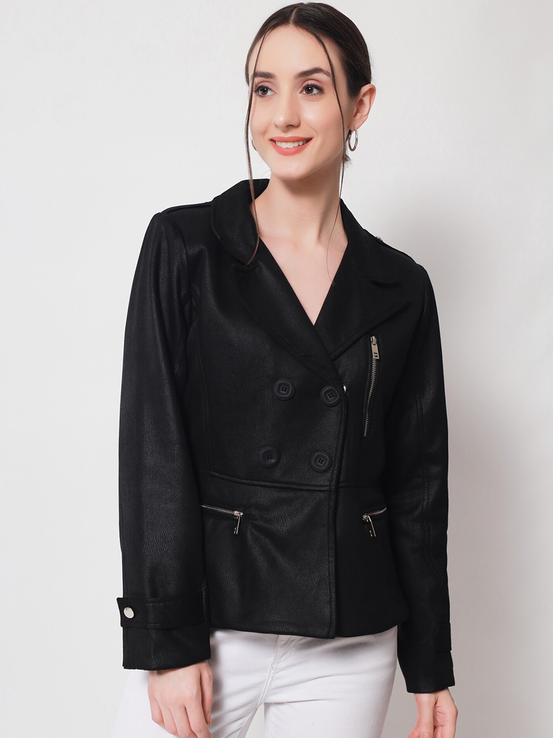 

Beatnik Women Leather Tailored Jacket, Black