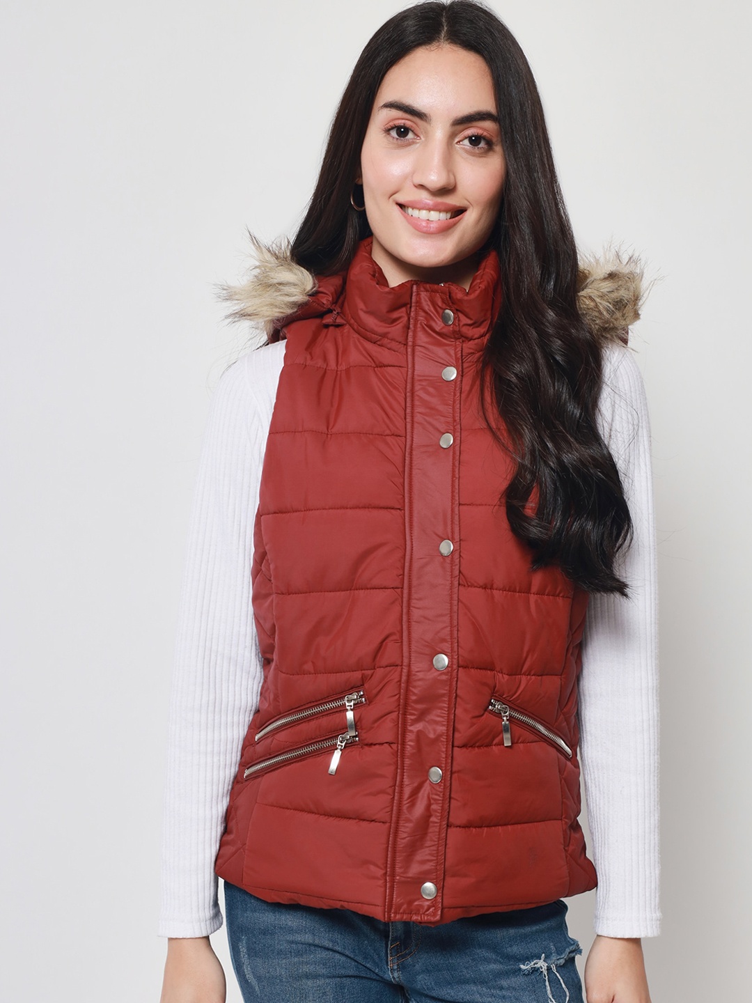 

Beatnik Women Sleeveless Hooded Parka Jacket, Maroon