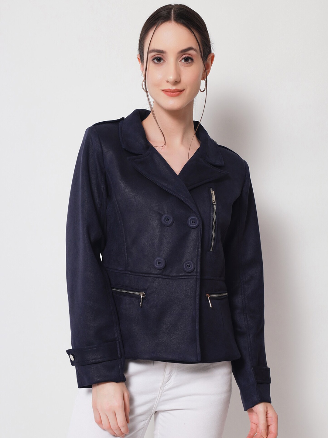 

Beatnik Leather Biker Jacket, Navy blue