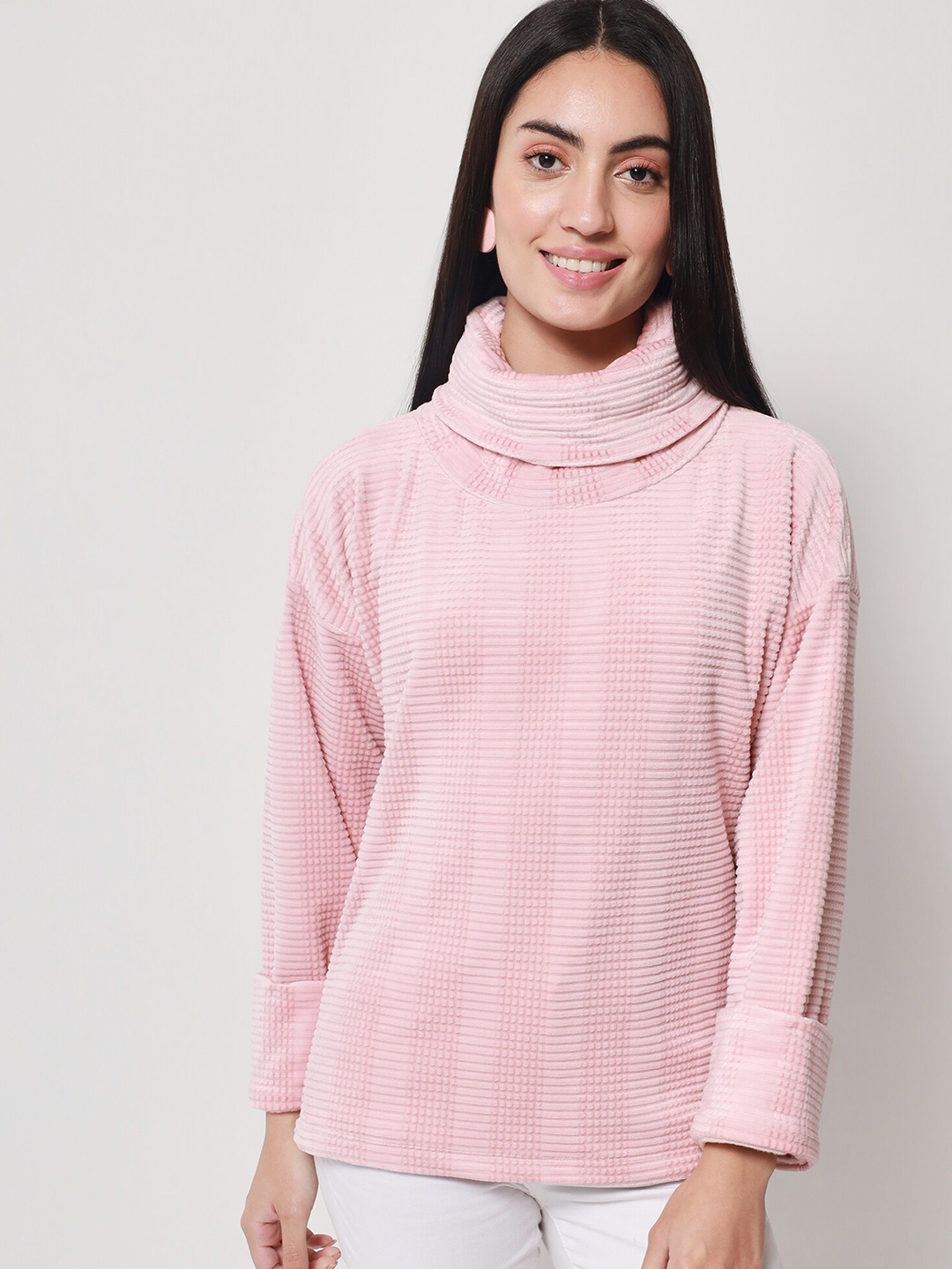 

Beatnik Women Turtle Neck Striped Sweatshirt, Pink