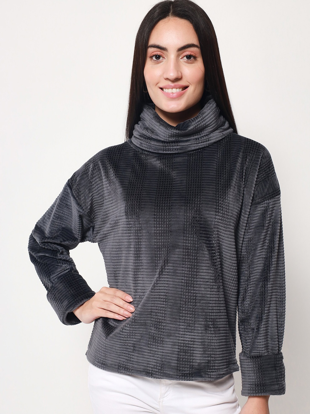 

Beatnik Women Turtle Neck Striped Sweatshirt, Grey