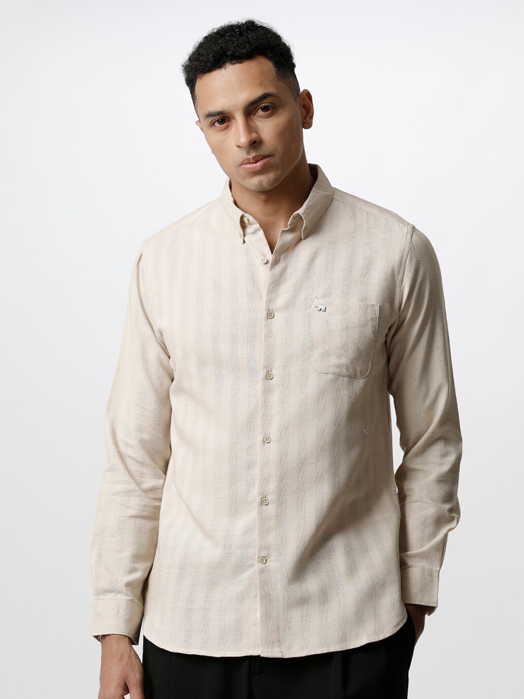 

THE BEAR HOUSE Men Slim Fit Striped Casual Cotton Shirt, Beige