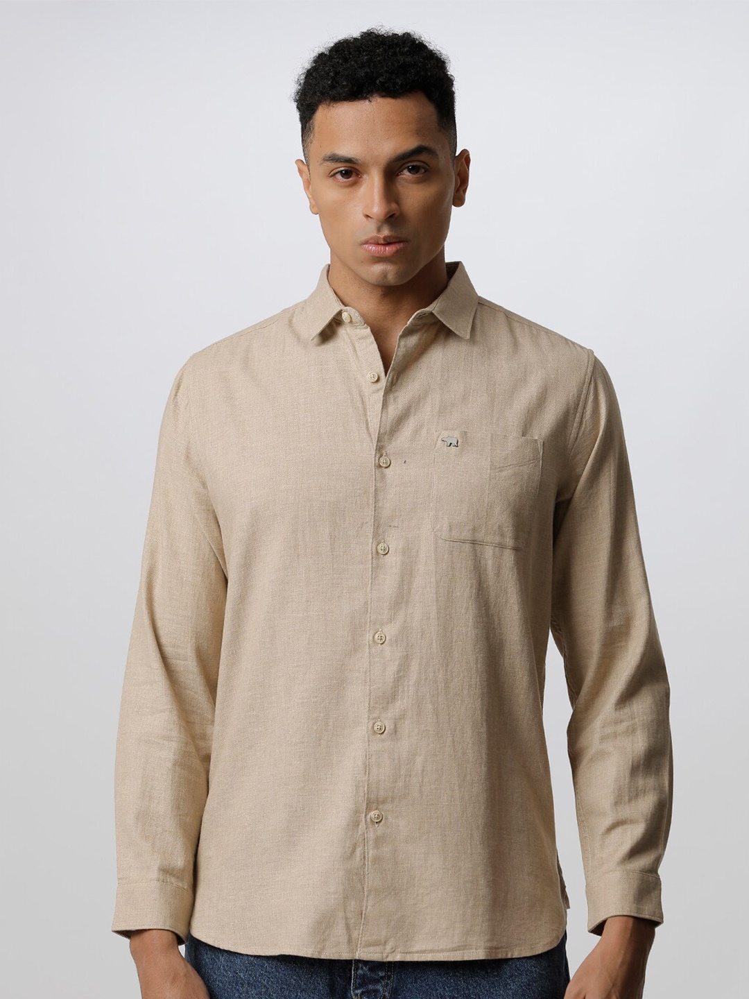 

THE BEAR HOUSE Men Slim Fit Casual Pure Cotton Shirt, Beige