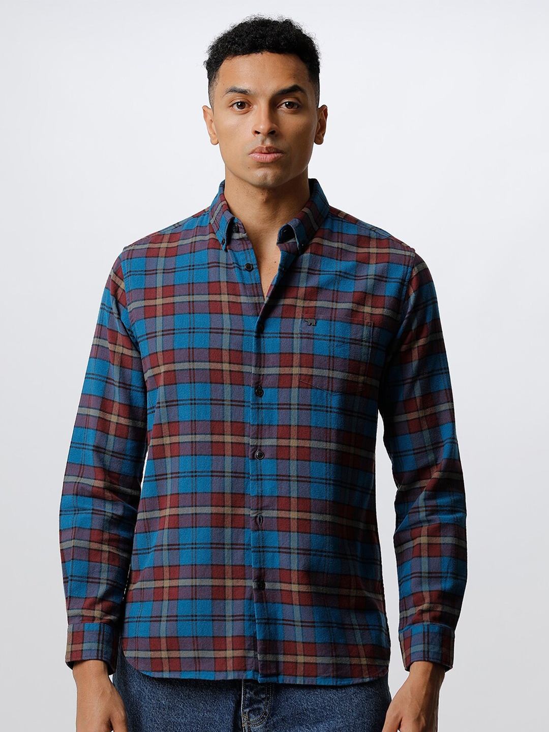 

THE BEAR HOUSE Men Slim Fit Tartan Checked Pure Cotton Casual Shirt, Blue