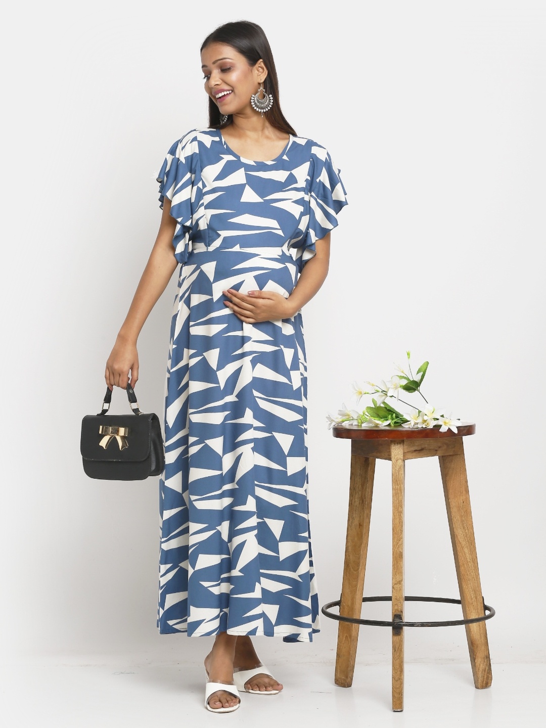 

Mylo Geometric Maternity A-Line Dress with Zipper, Blue