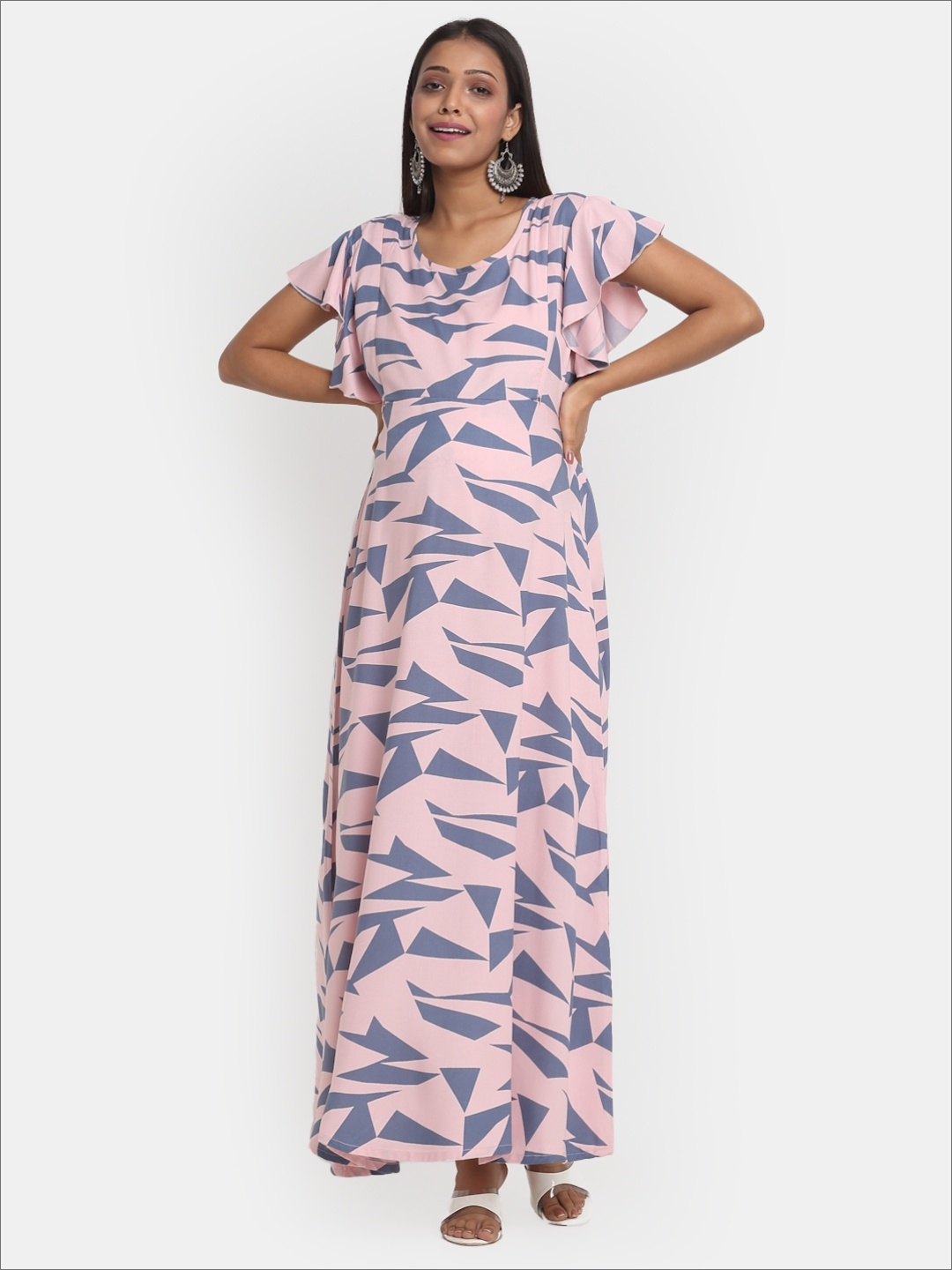 

Mylo Geometric Maternity A-Line Dress with Zipper, Pink