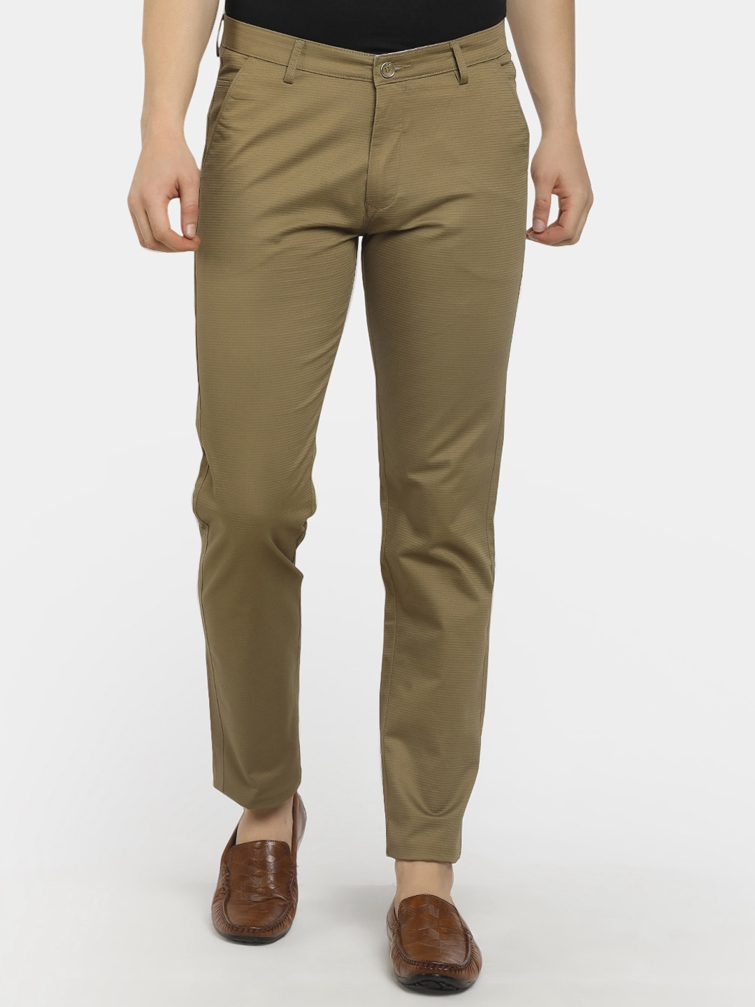 

V-Mart Men Textured Dobby Classic Slim Fit Cotton Trousers, Khaki