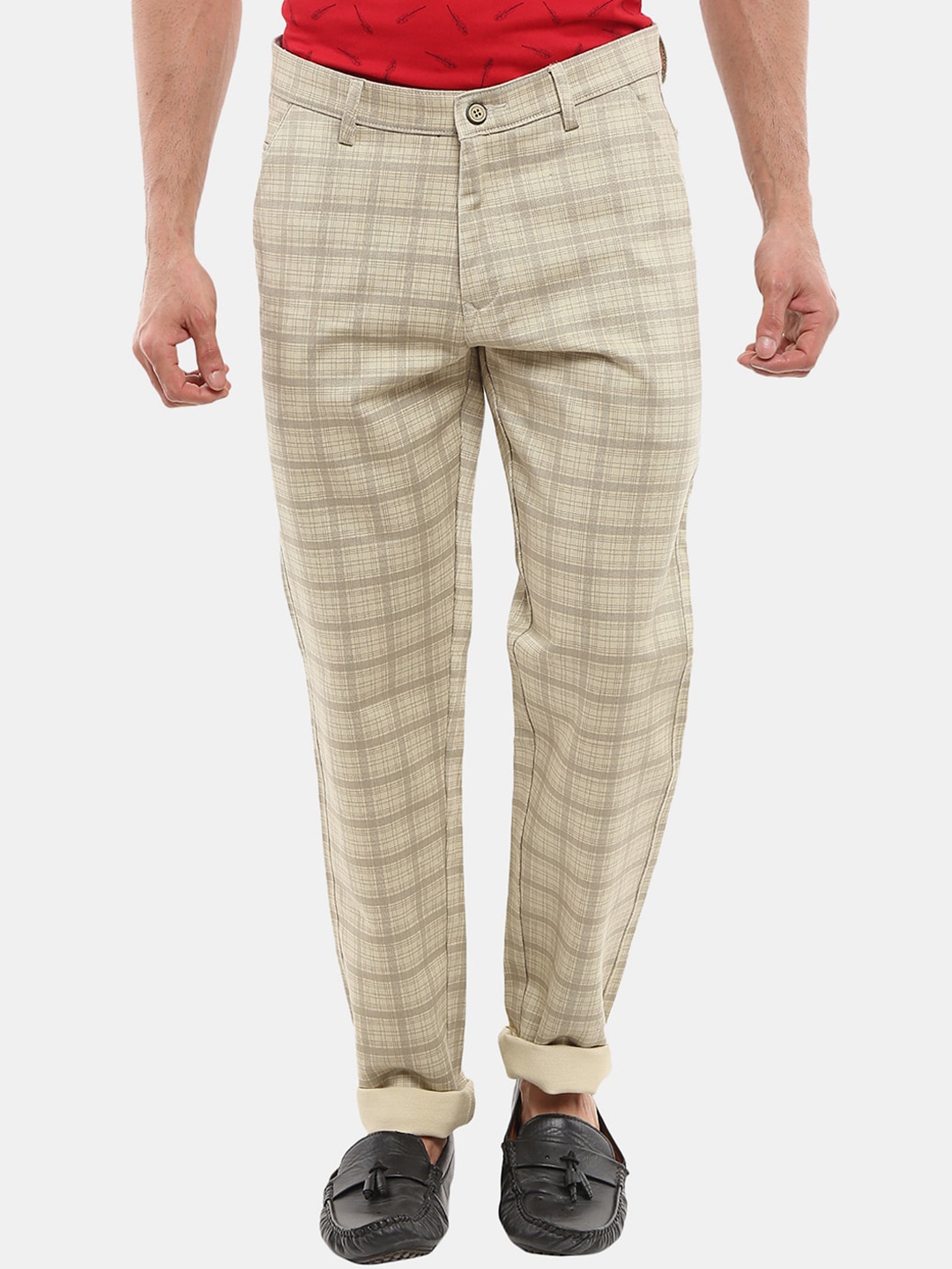 

V-Mart Men Checked Classic Slim Fit Trouser, Cream