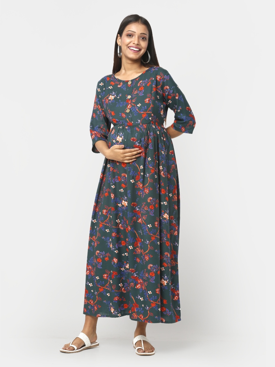 

Mylo Floral Printed Maternity A-Line Dress with Zipper, Teal