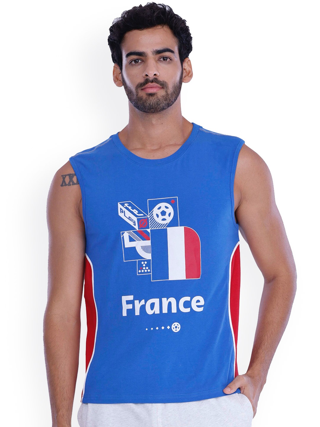 

FREECULTR Men Printed Cotton Gym Vest, Blue