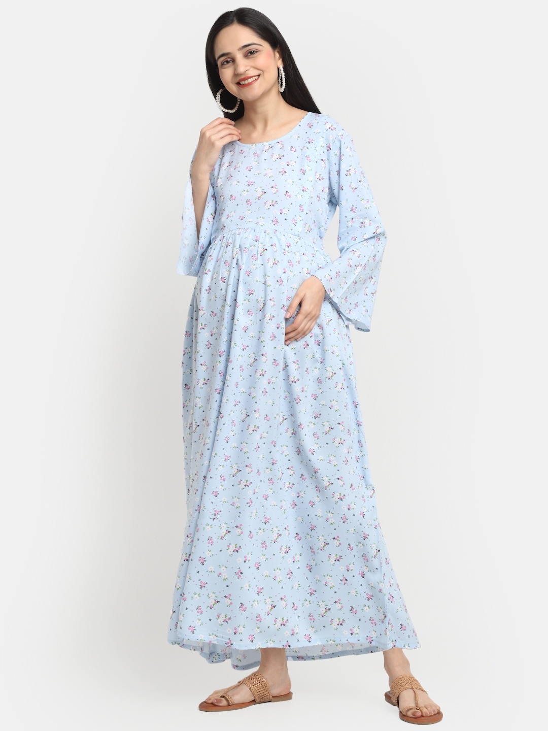 

Mylo Floral Printed Maternity A-Line Dress with Zipper, Blue