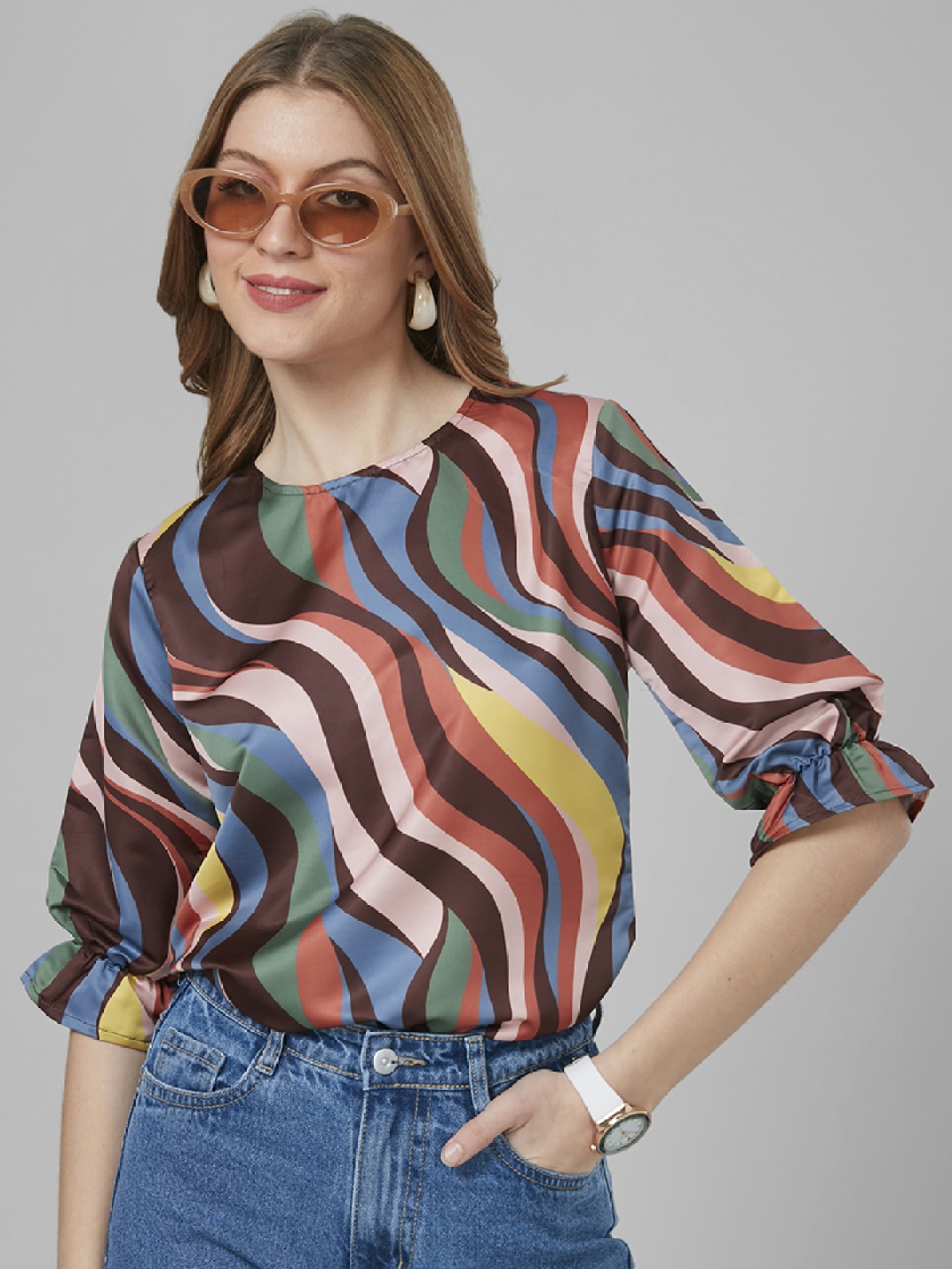 

Style Quotient Abstract Printed Crepe Casual Woven Blouson Top, Multi