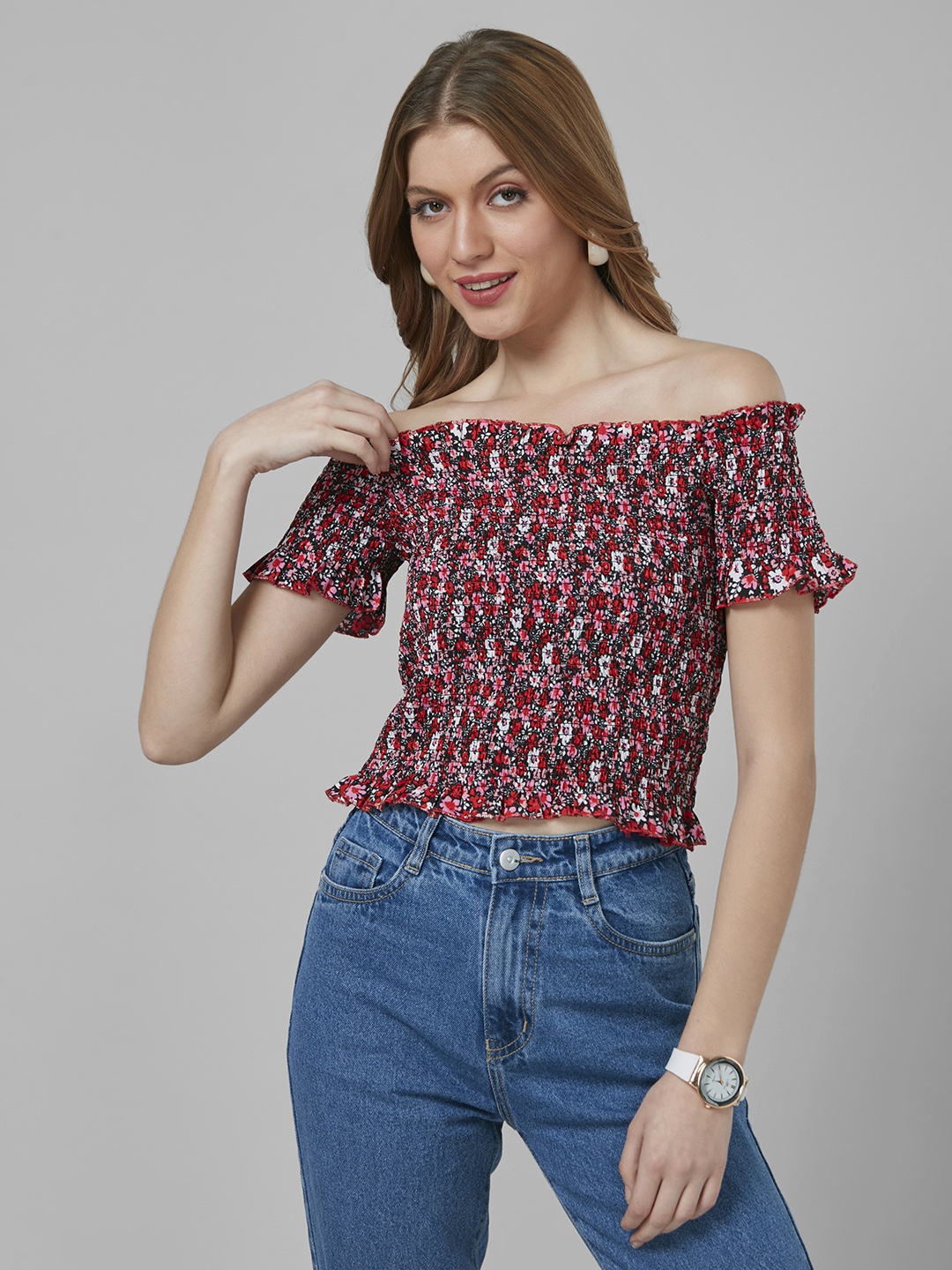 

Style Quotient Floral Print Off-Shoulder Smocked Crepe Bardot Crop Top, Black