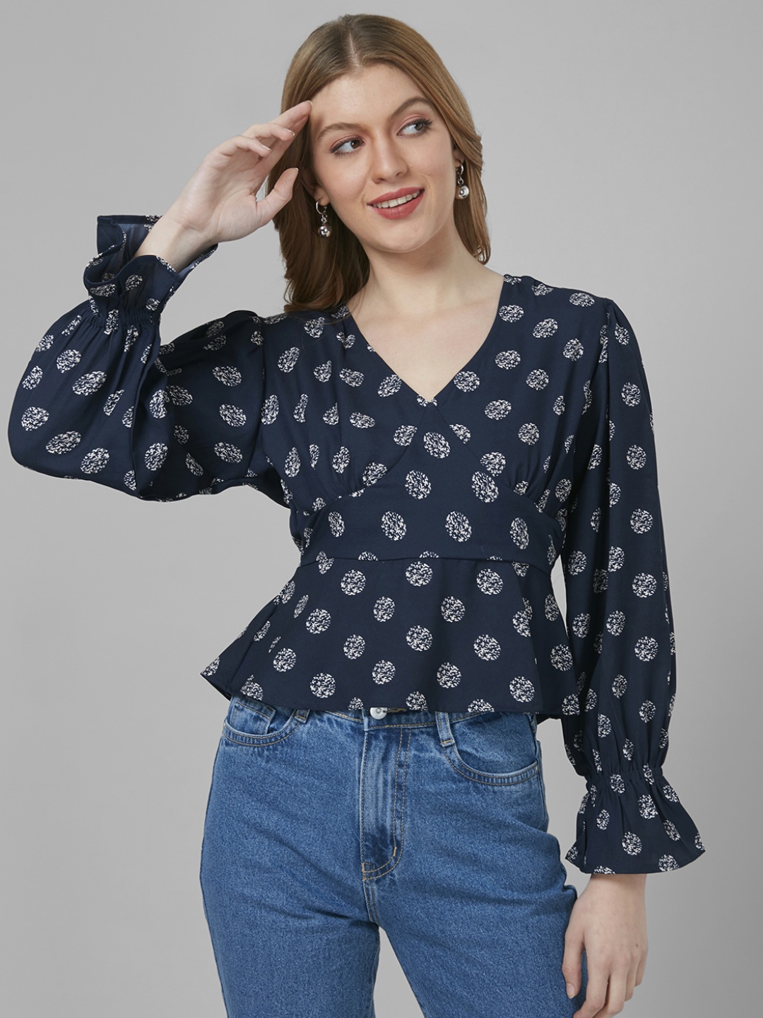

Style Quotient Women Ethnic Print Polyester Peplum Smart Casual Top, Navy blue