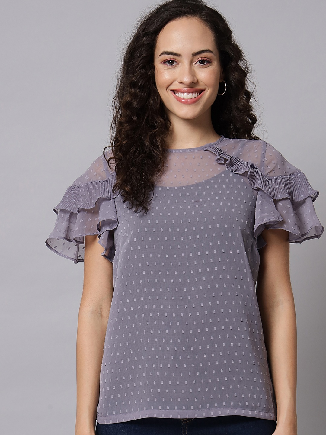 

Beatnik Self Design Ruffle Top, Grey