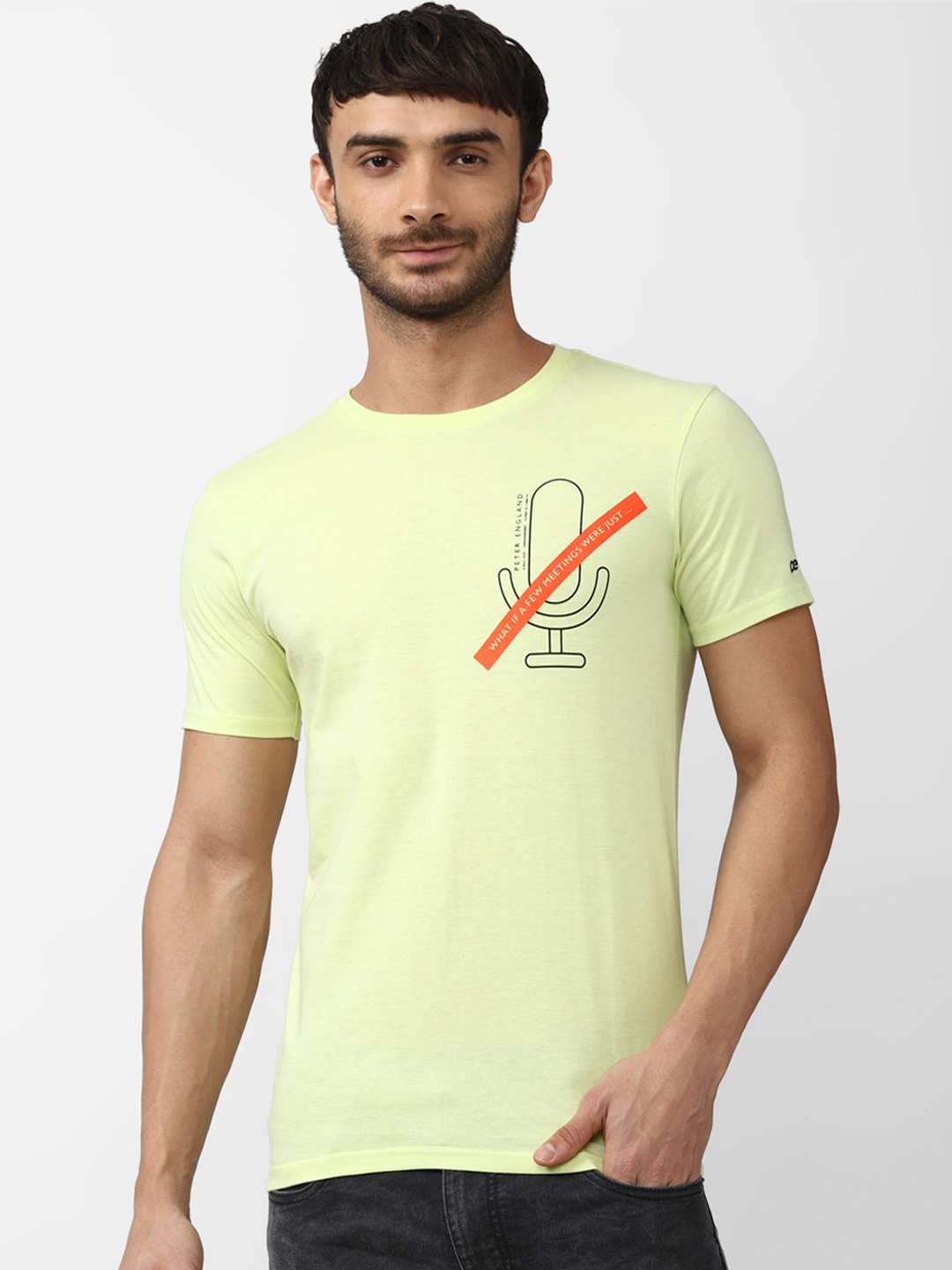 

Peter England Casuals Men Printed Slim Fit Cotton T-shirt, Yellow