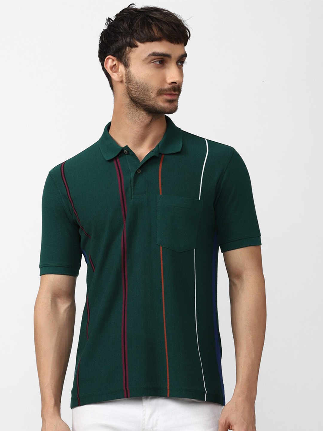 

Peter England Casuals Men Striped Polo Collar T-shirt, Green