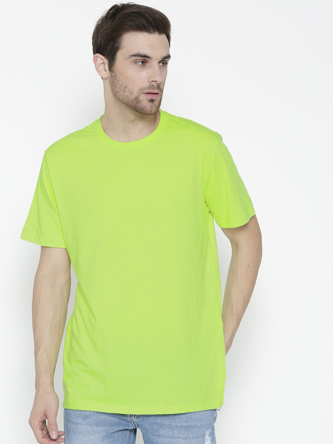 

FOREVER 21 Men Fluorescent Green Solid Round Neck T-shirt