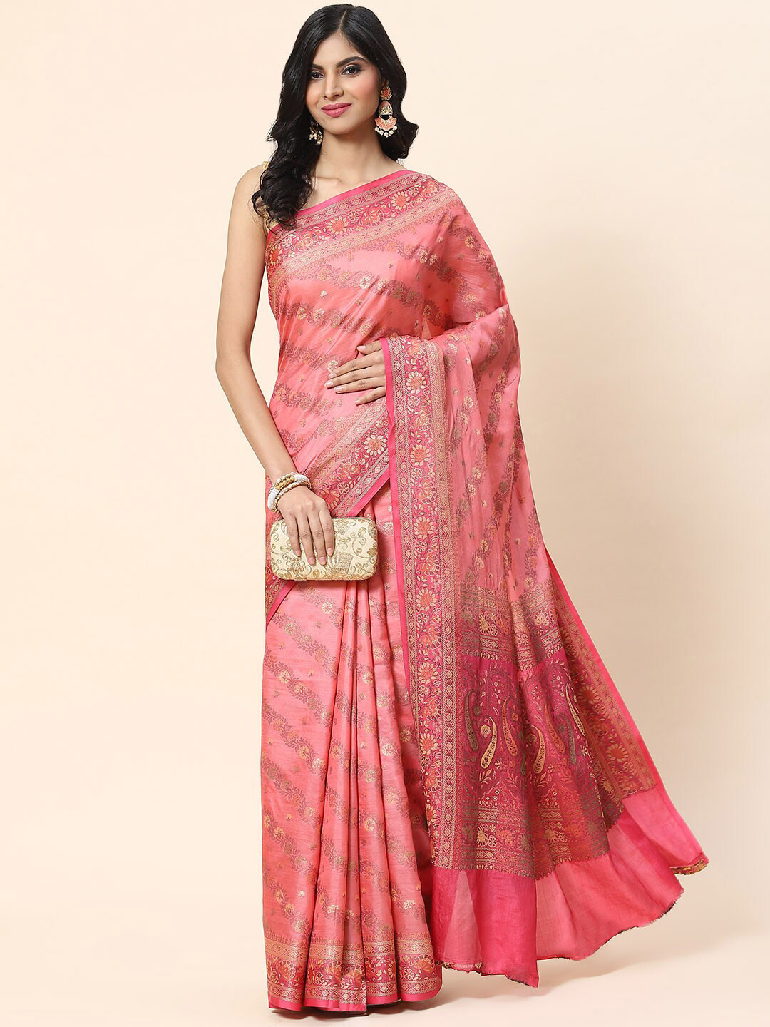 

Meena Bazaar Woven Design Zari Art Silk Tussar Saree, Peach