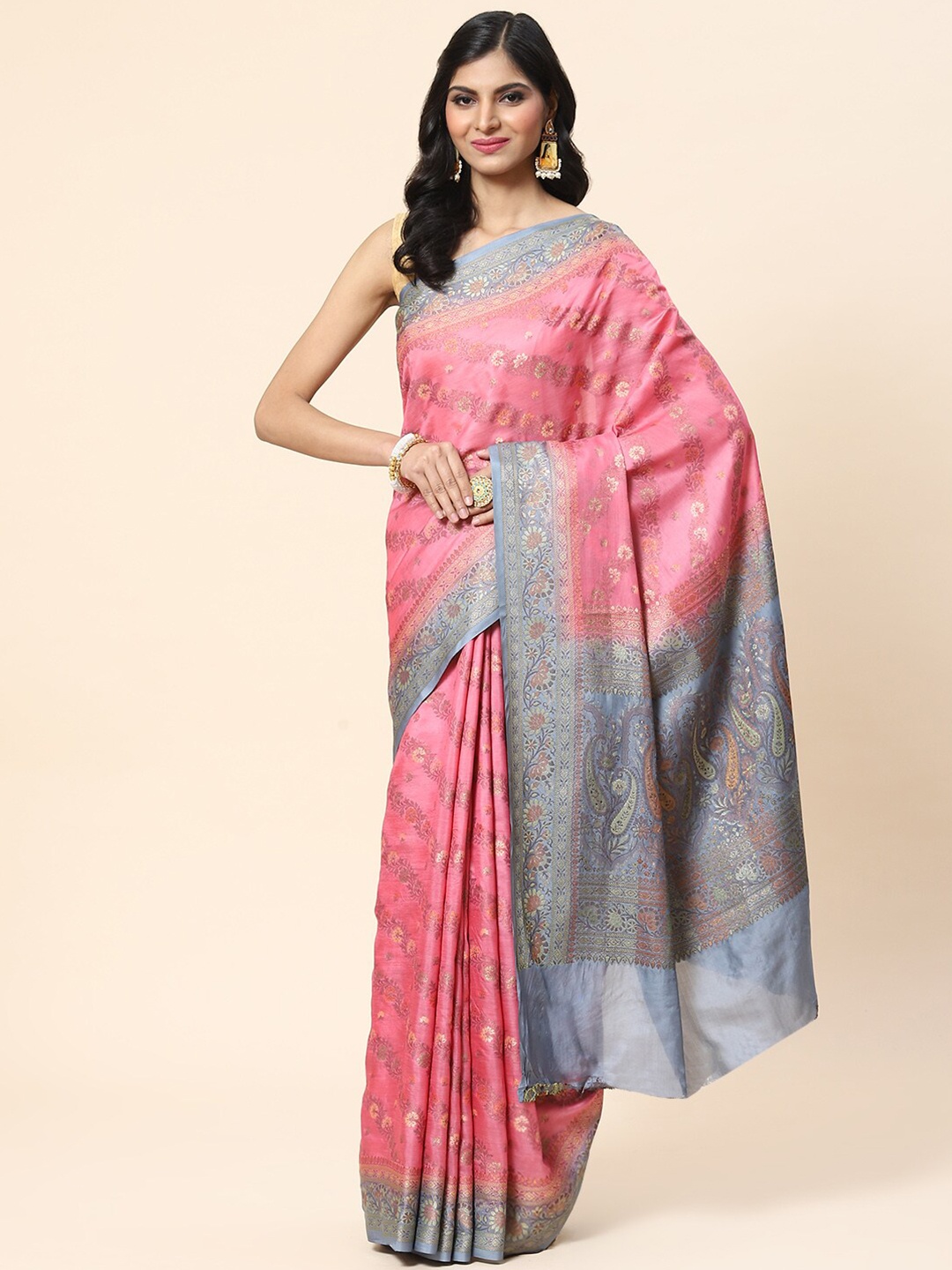 

Meena Bazaar Woven Design Zari Art Silk Tussar Saree, Pink
