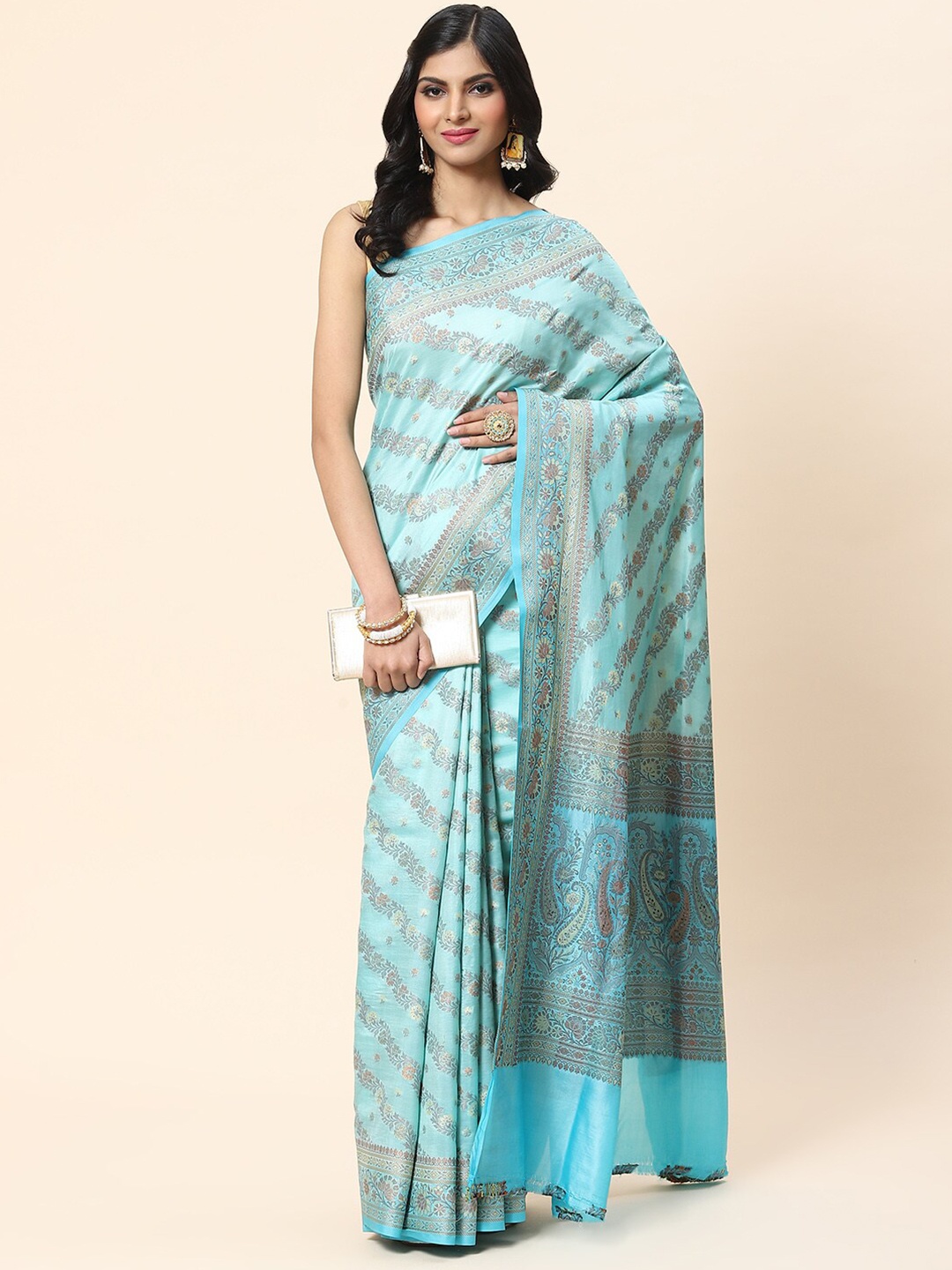 

Meena Bazaar Woven Design Zari Art Silk Tussar Saree, Sea green