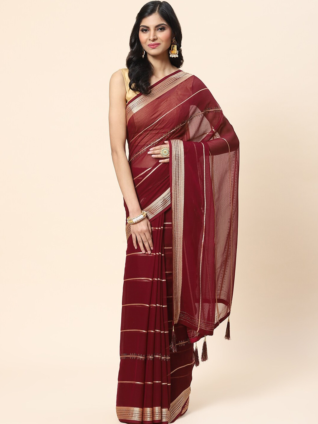 

Meena Bazaar Striped Zari Saree, Burgundy