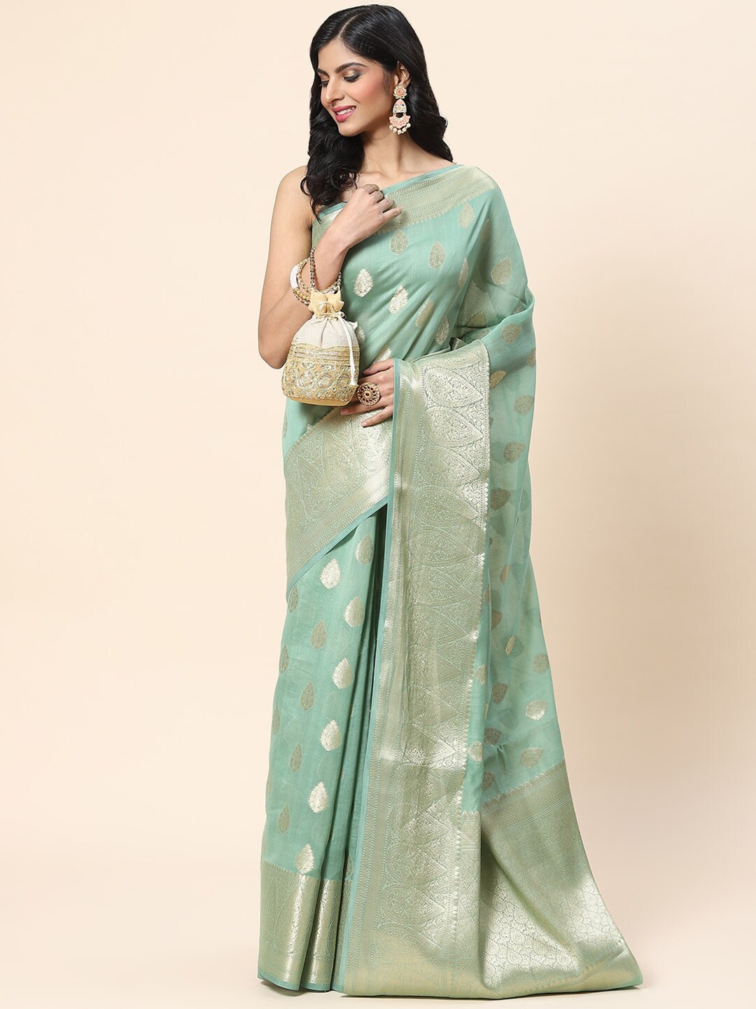 

Meena Bazaar Woven Design Zari Saree, Green