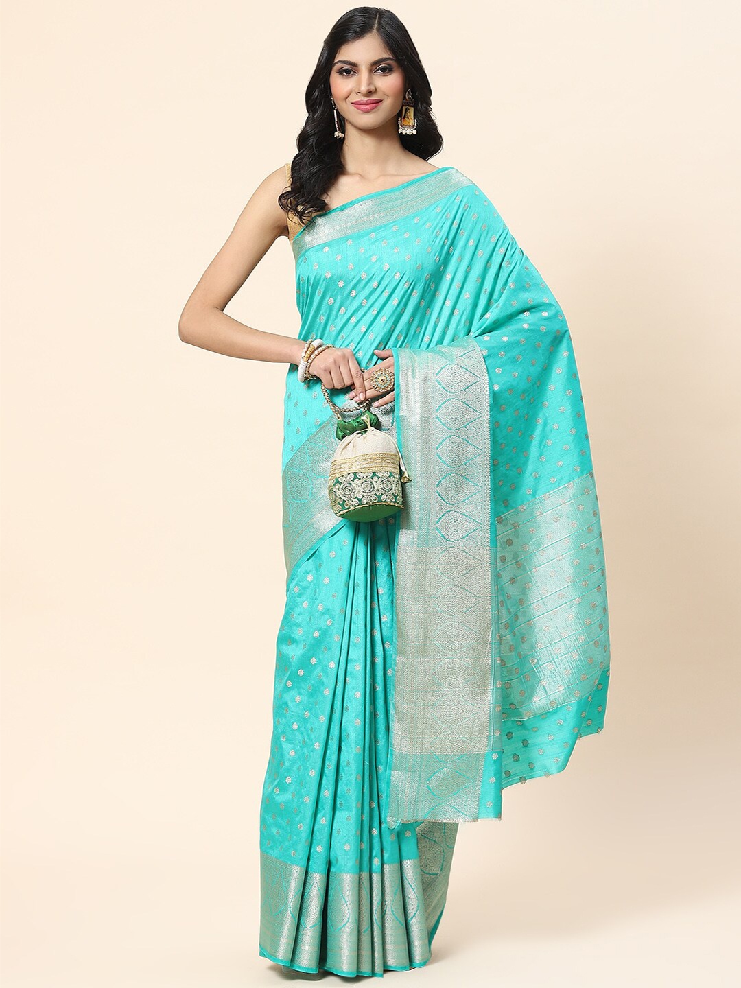 

Meena Bazaar Woven Design Zari Art Silk Saree, Sea green