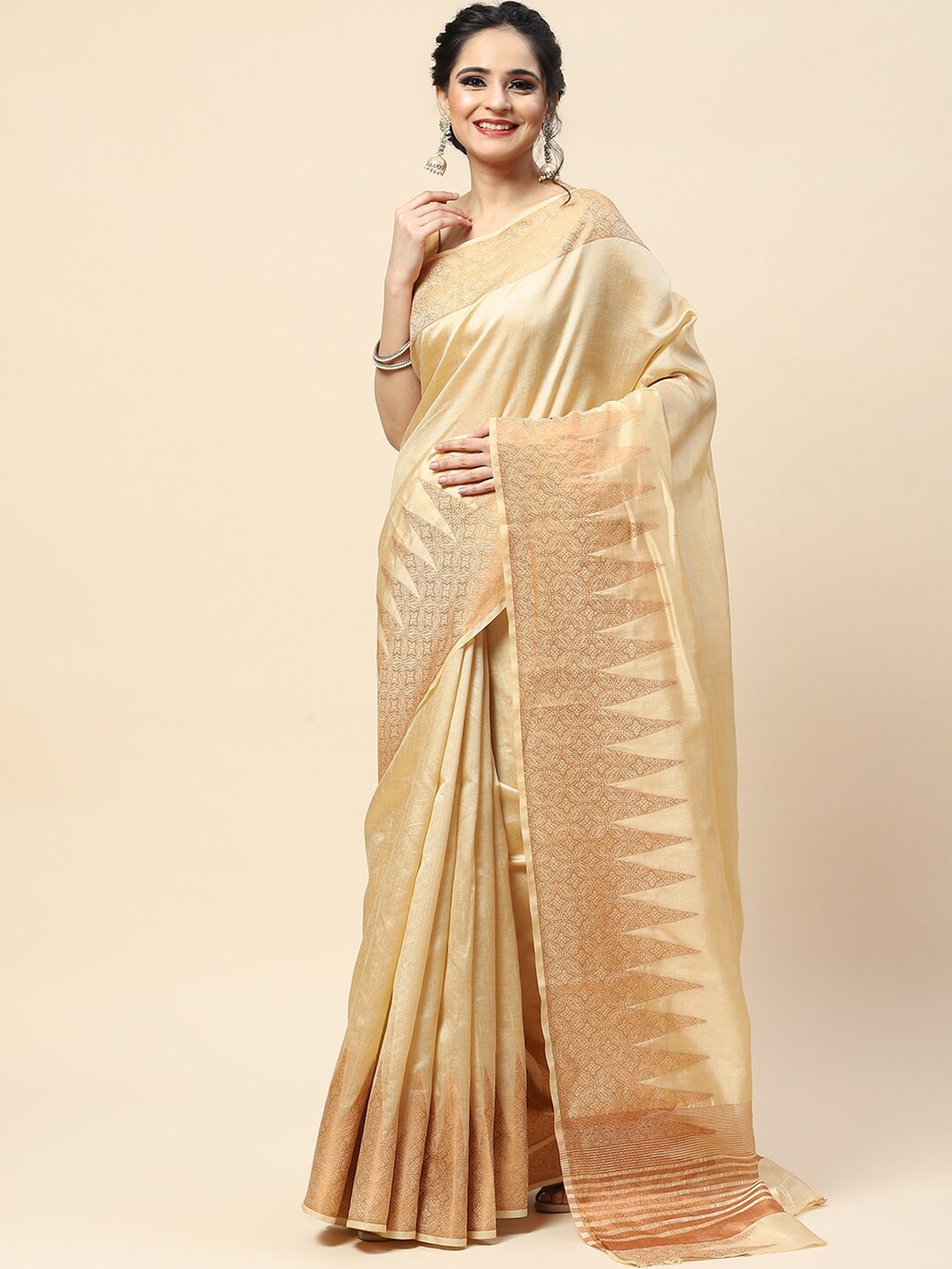

Meena Bazaar Woven Design Border Art Silk Saree, Beige
