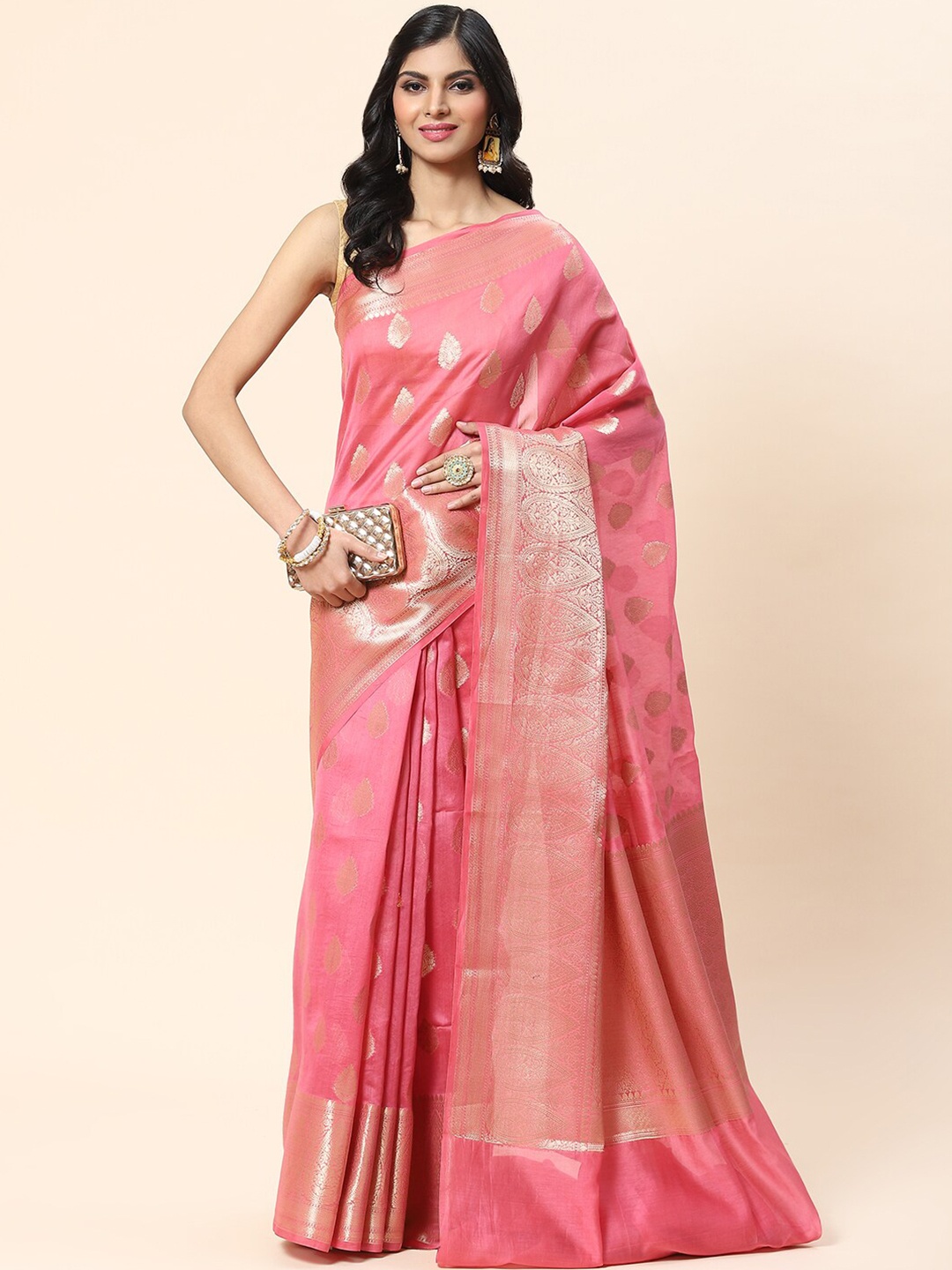 

Meena Bazaar Woven Design Zari Saree, Pink
