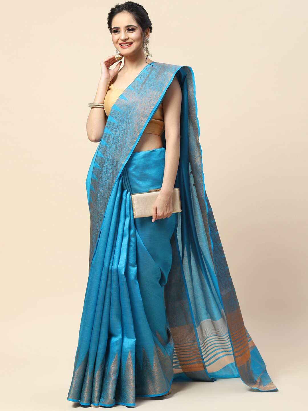 

Meena Bazaar Zari Woven Design Border Saree, Blue