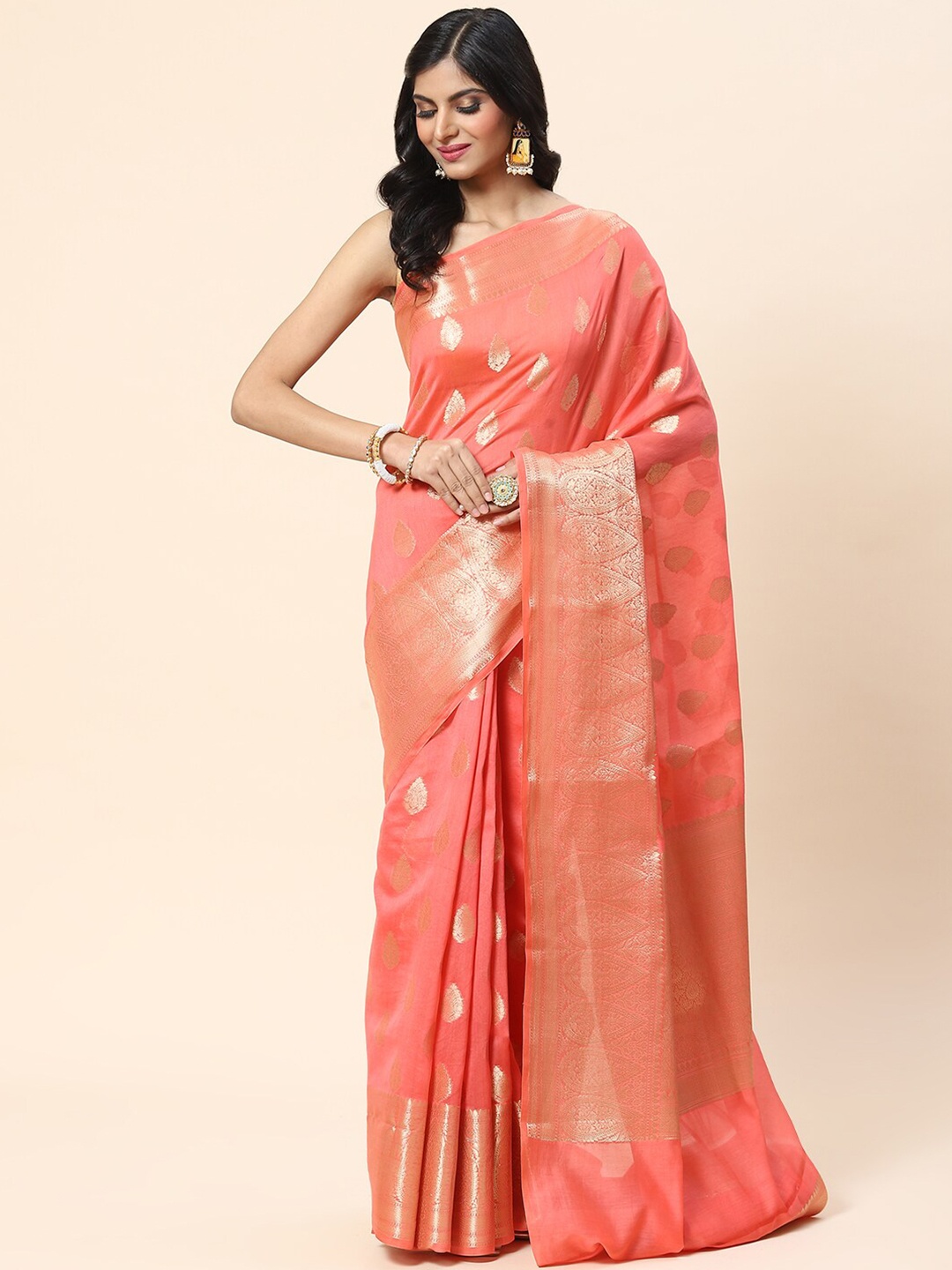 

Meena Bazaar Woven Design Zari Saree, Coral