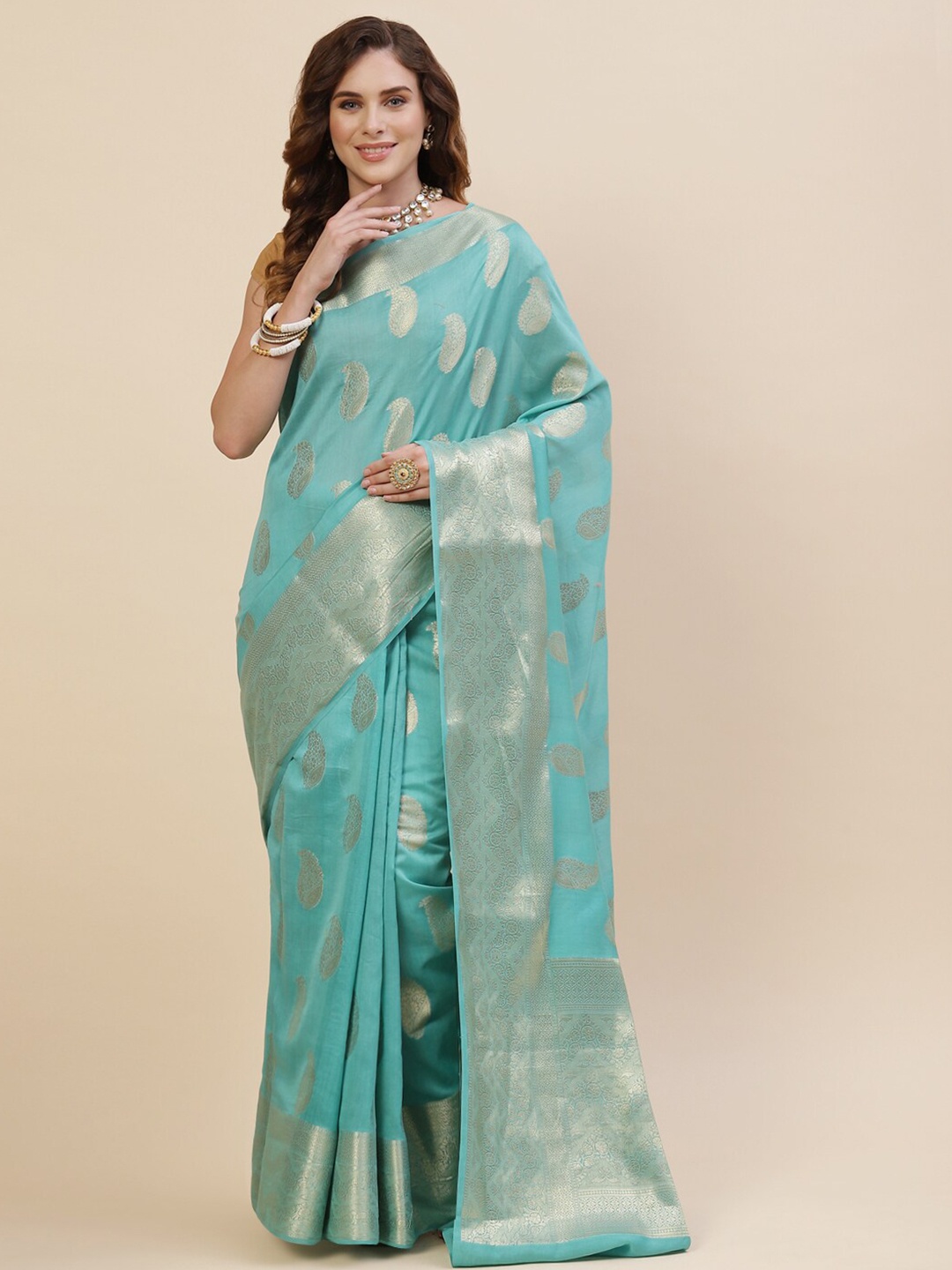 

Meena Bazaar Paisley Zari Saree, Sea green