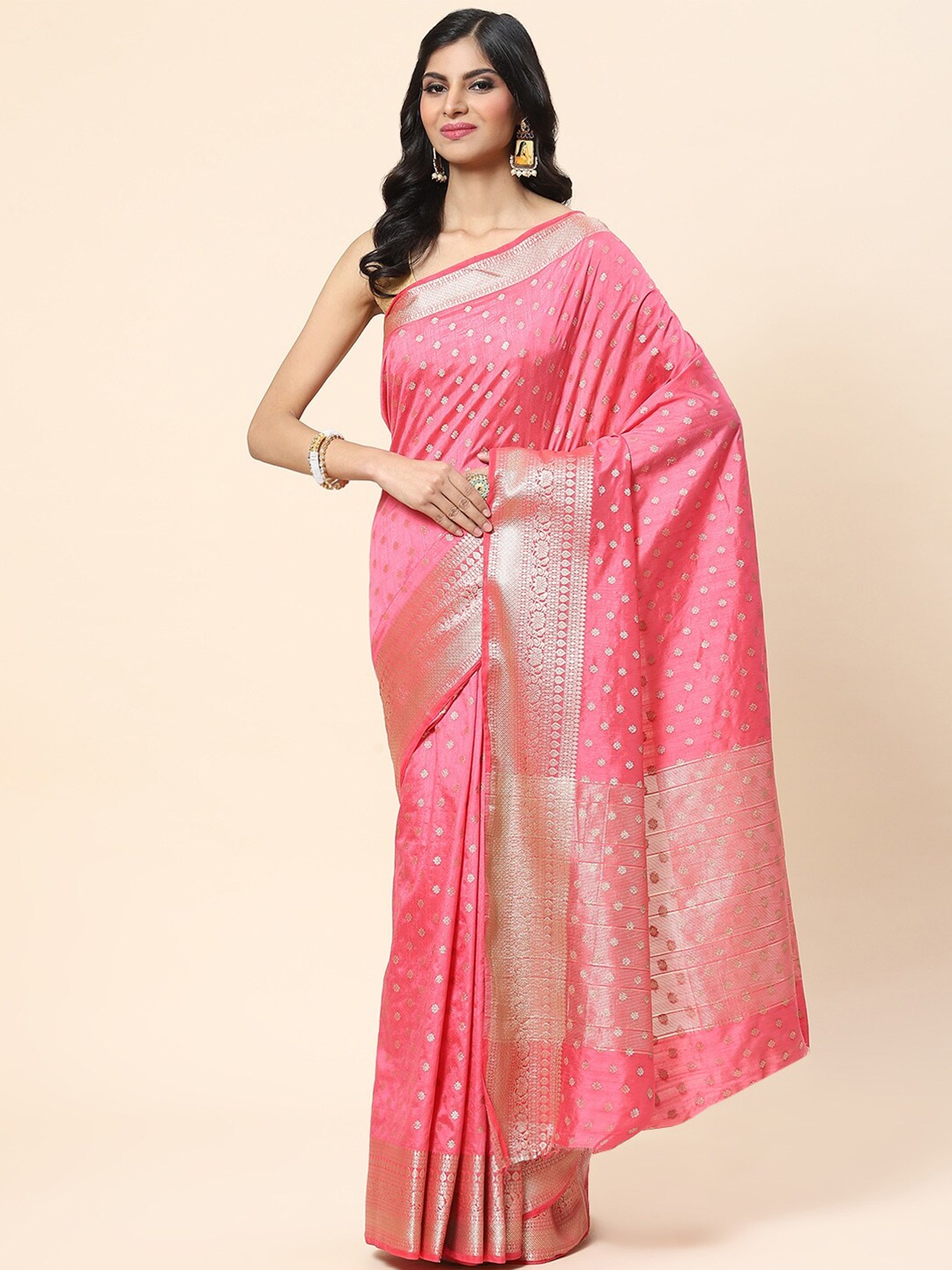 

Meena Bazaar Floral Zari Art Silk Saree, Pink