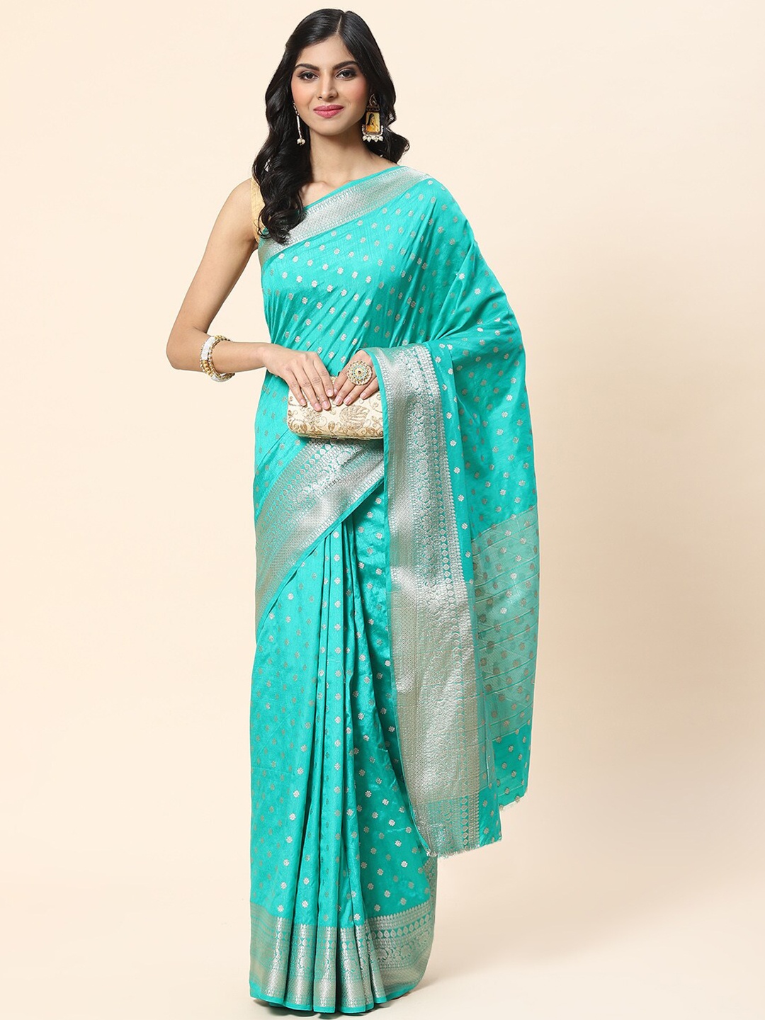 

Meena Bazaar Sea Floral Zari Art Silk Saree, Sea green