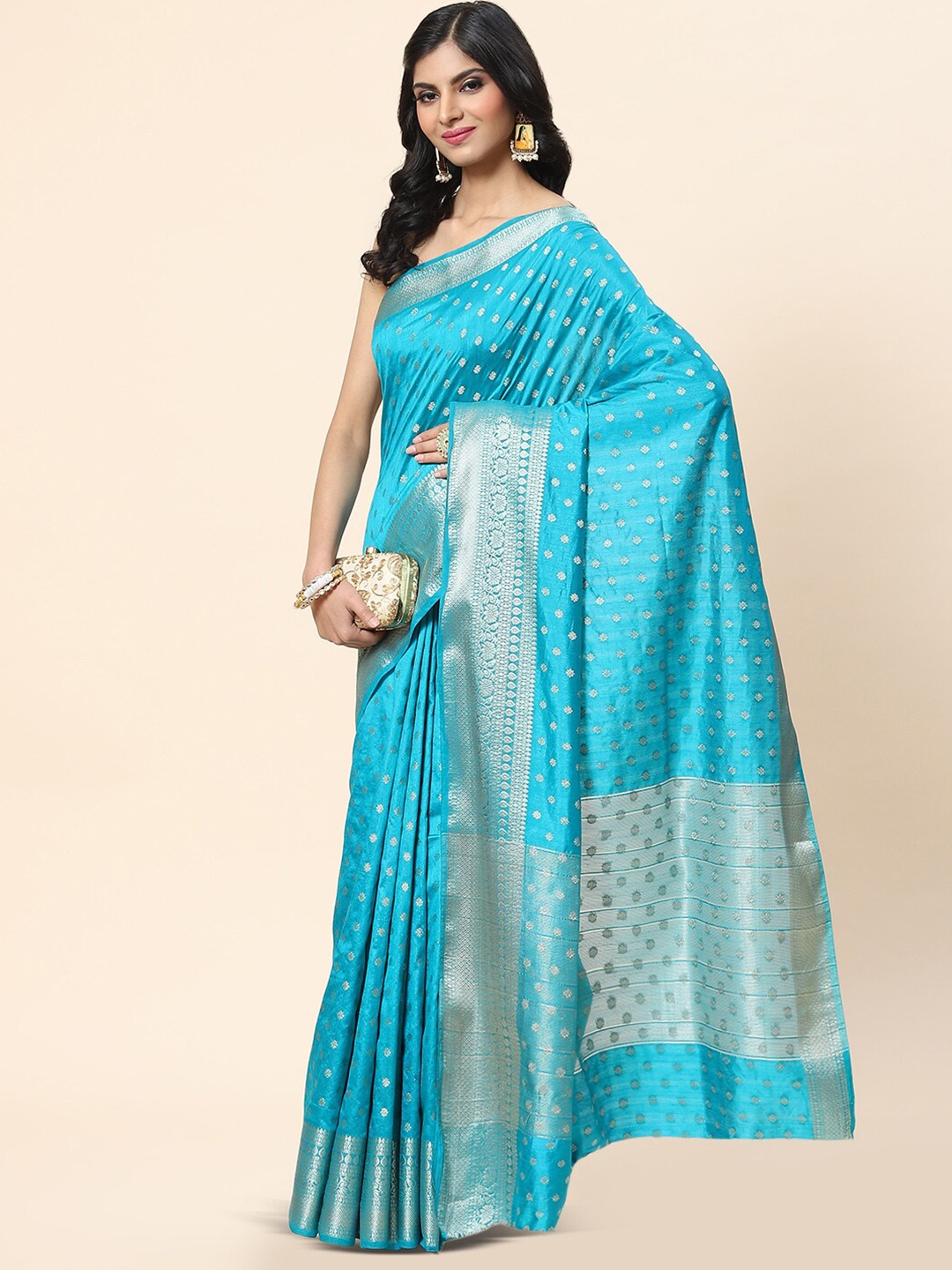 

Meena Bazaar Floral Zari Art Silk Saree, Blue