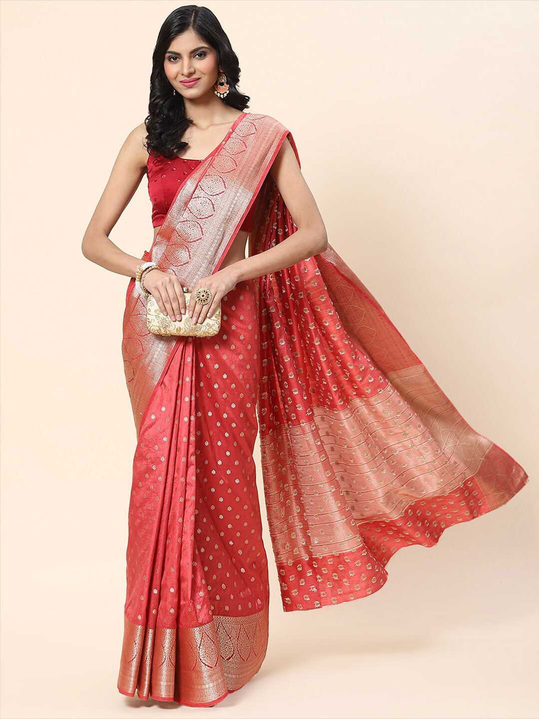 

Meena Bazaar Floral Zari Art Silk Saree, Coral