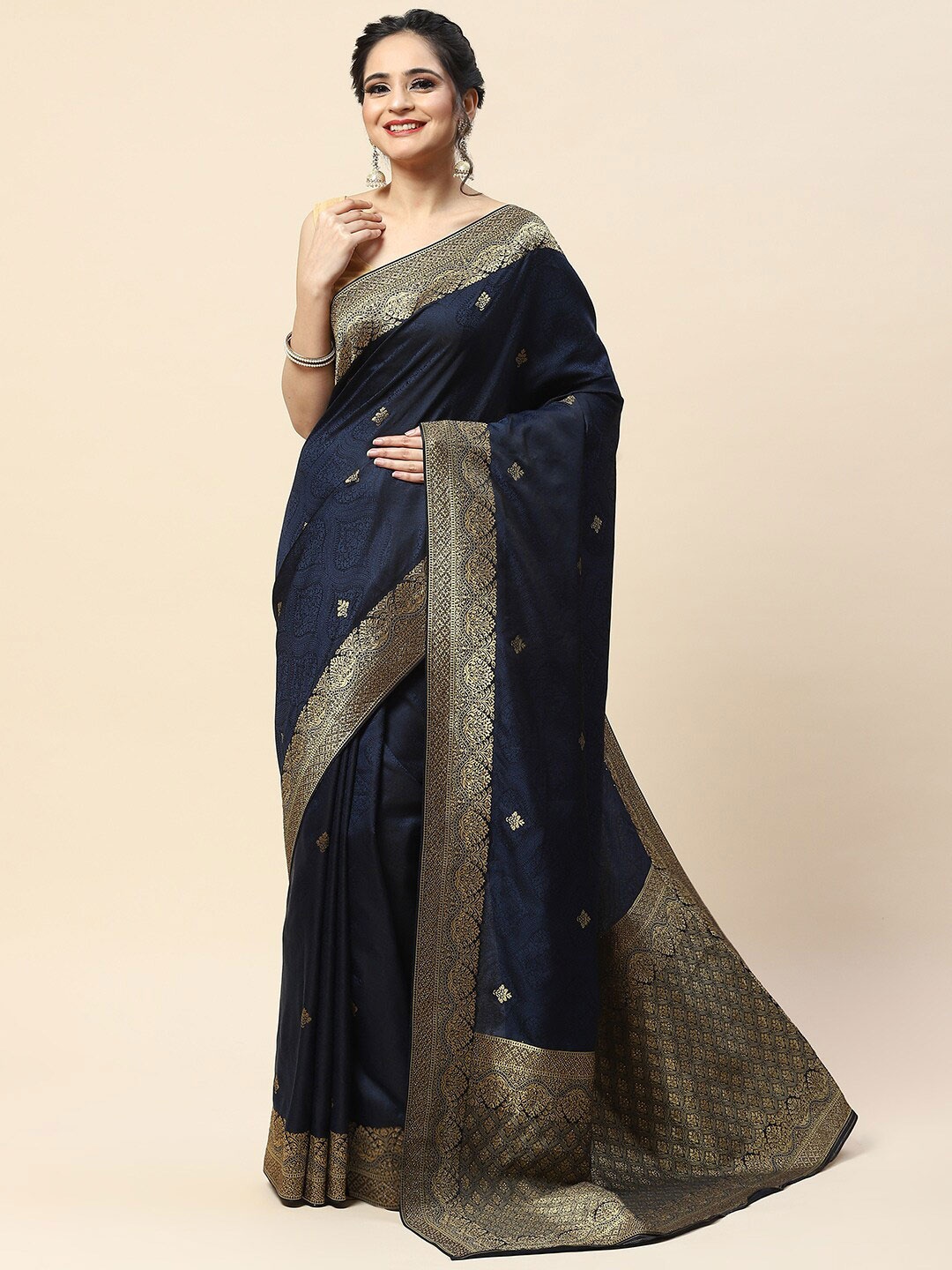 

Meena Bazaar Woven Design Zari Art Silk Banarasi Saree, Navy blue