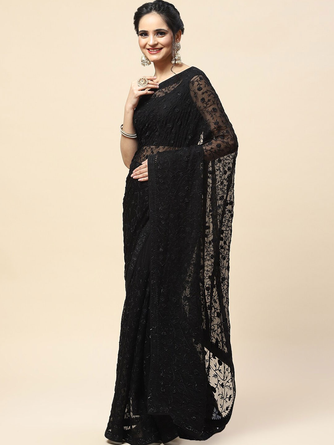 

Meena Bazaar Floral Embroidered Saree, Black