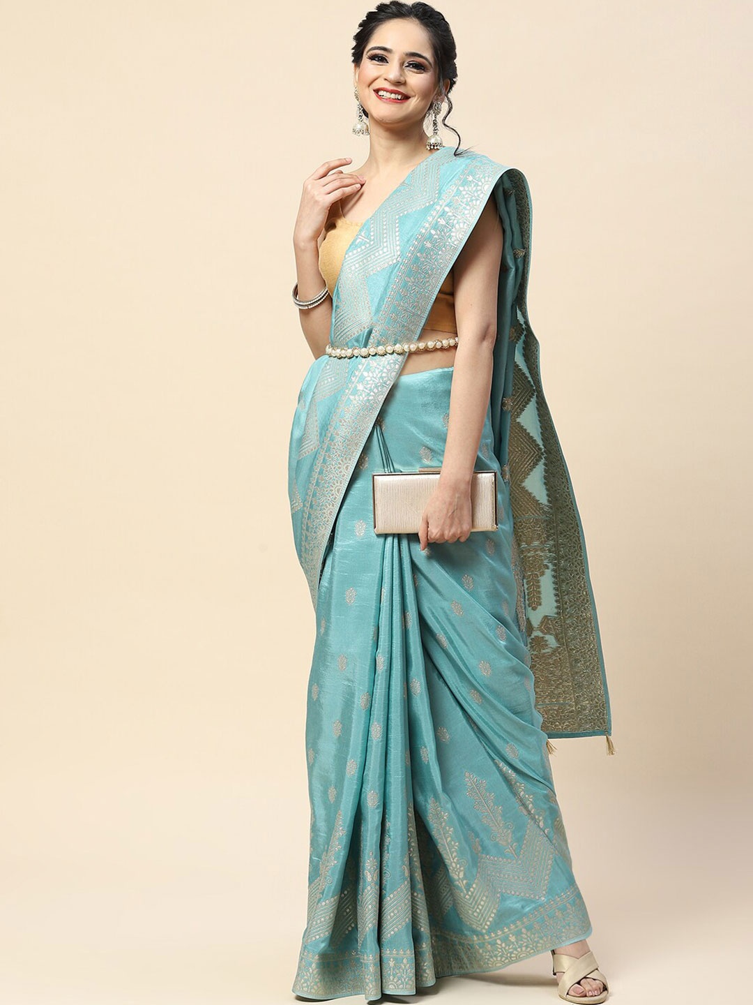 

Meena Bazaar Woven Design Zari Saree, Sea green