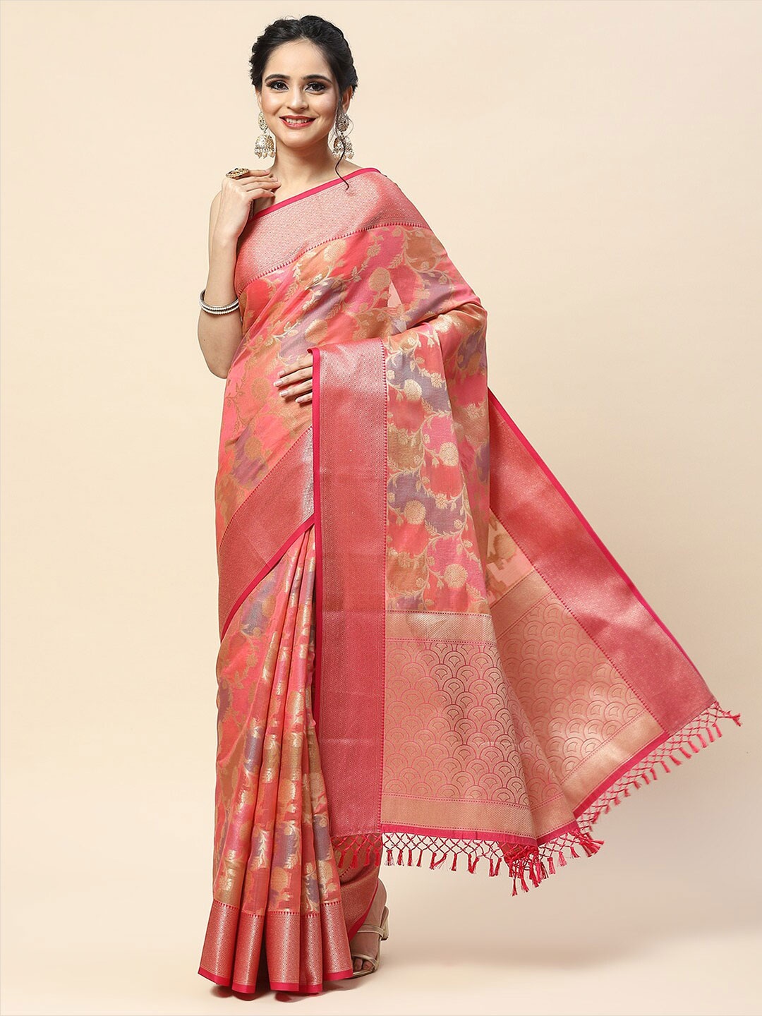 

Meena Bazaar Woven Design Cotton Blend Saree, Pink