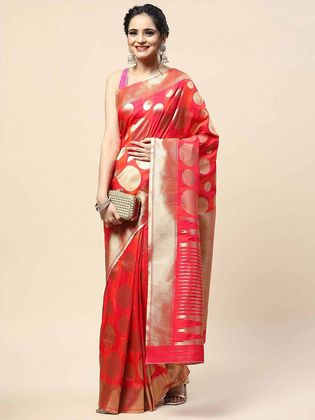 

Meena Bazaar Woven Design Zari Art Silk Banarasi Saree, Pink